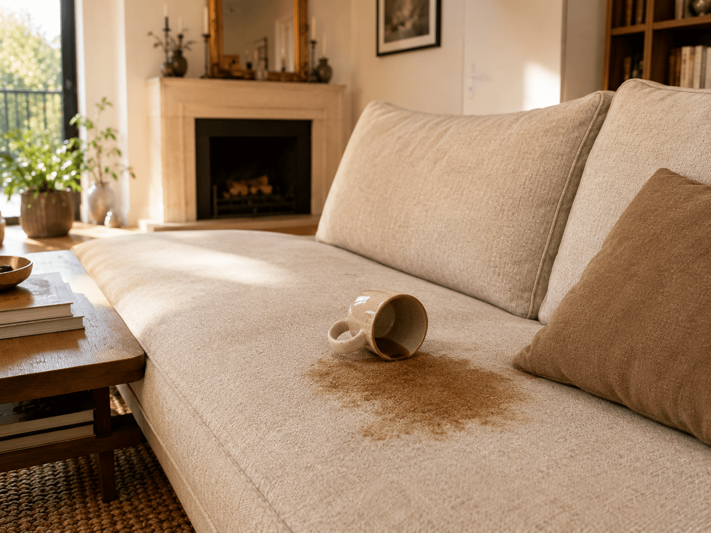 Eine Couch mit einer umgekippten Tasse und einem Kaffeefleck, im Hintergrund ein Kamin und Bücherregale.