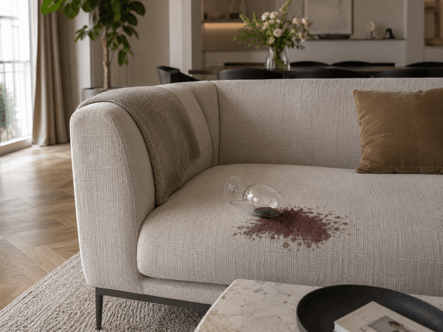 Ein beiger Sofa mit einem zerbrochenen Glas und verschüttetem Rotwein, im Hintergrund blühen Pflanzen und ein Esstisch.
