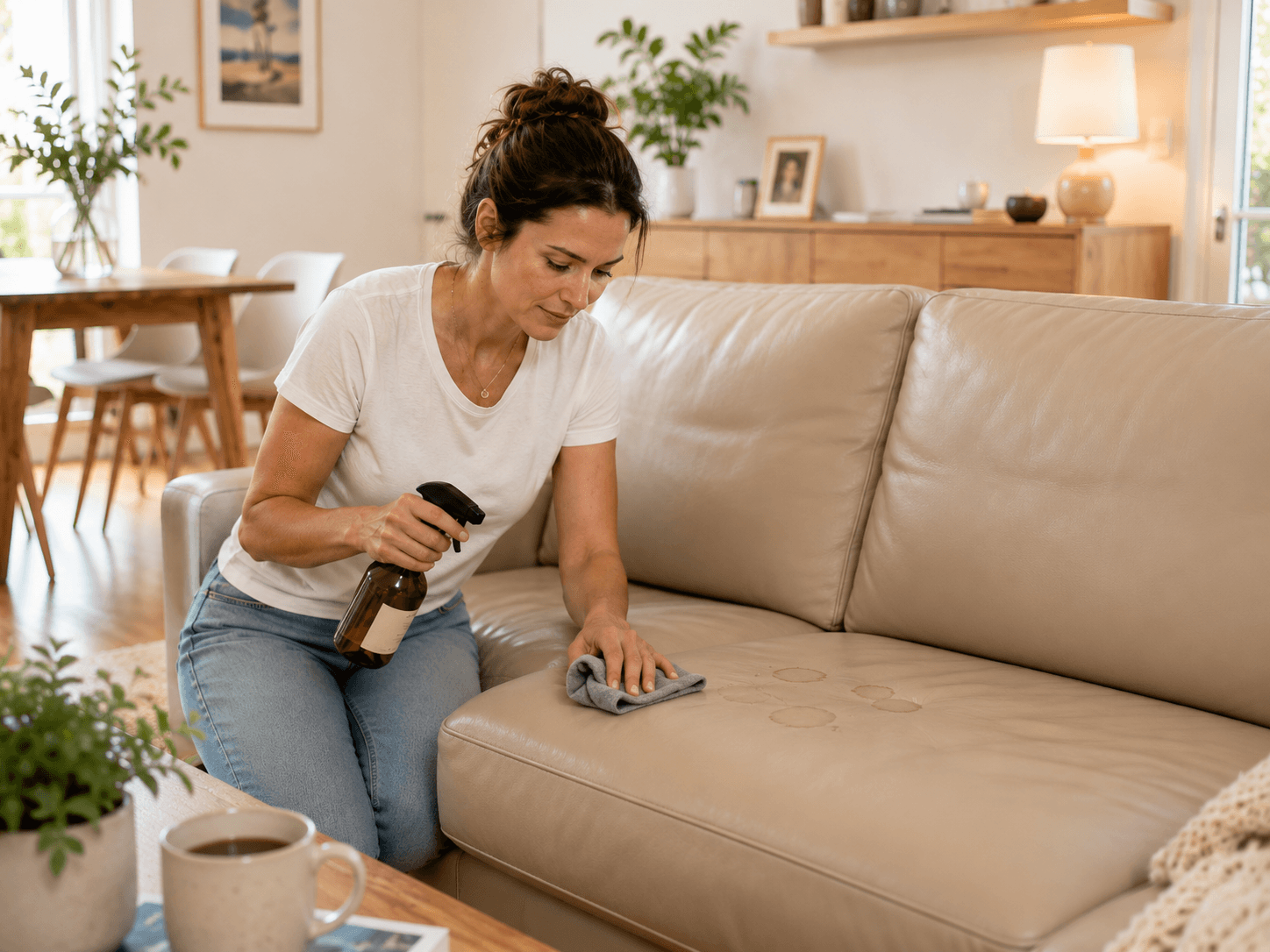 Eine Frau reinigt mit einem Tuch und Putzmittel die Couch in einem hellen Wohnzimmer.