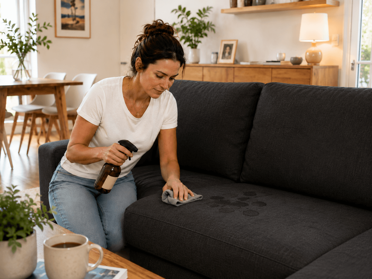 Eine Frau reinigt mit einem Spray einen Fleck auf einem dunkelgrauen Sofa in einem hellen, gemütlichen Wohnzimmer.