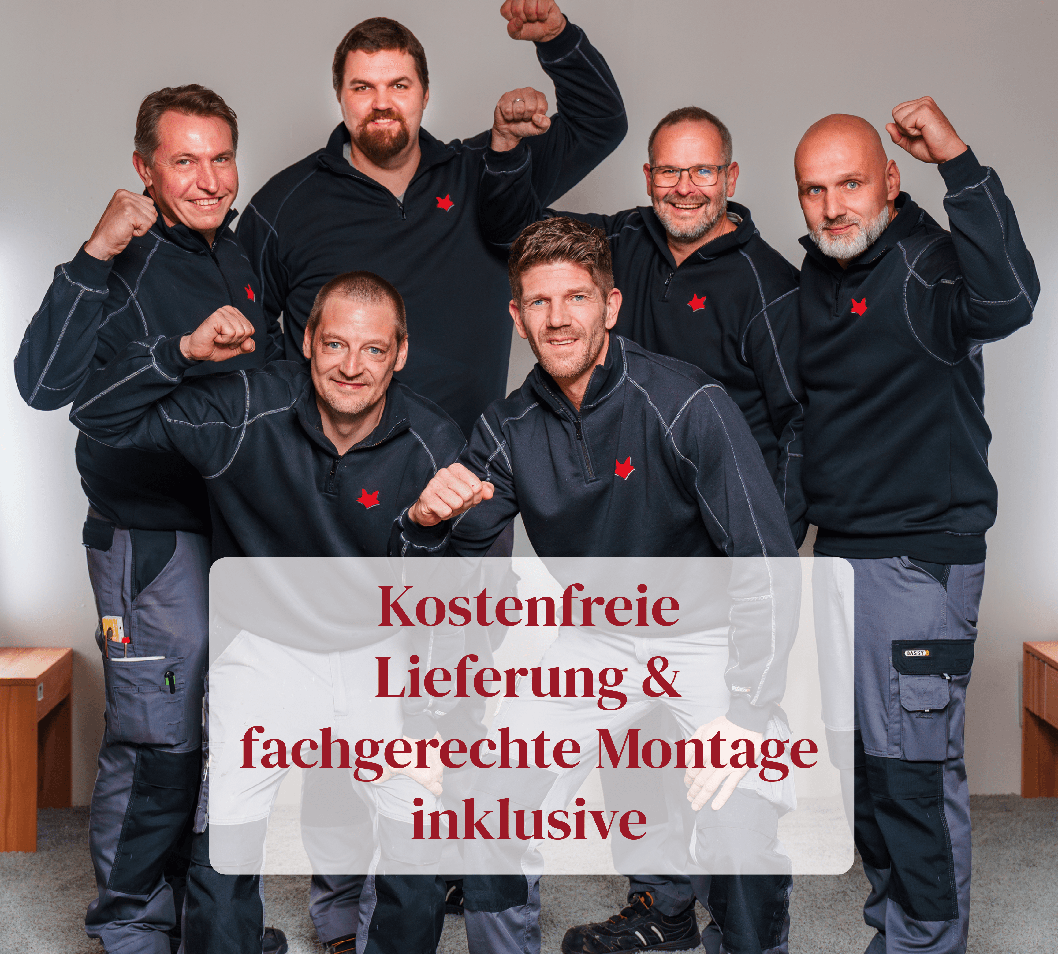Das Montageteam des Wohnfuchs mit dem Hinweis auf kostenfreie Lieferung und fachgerechte Montage