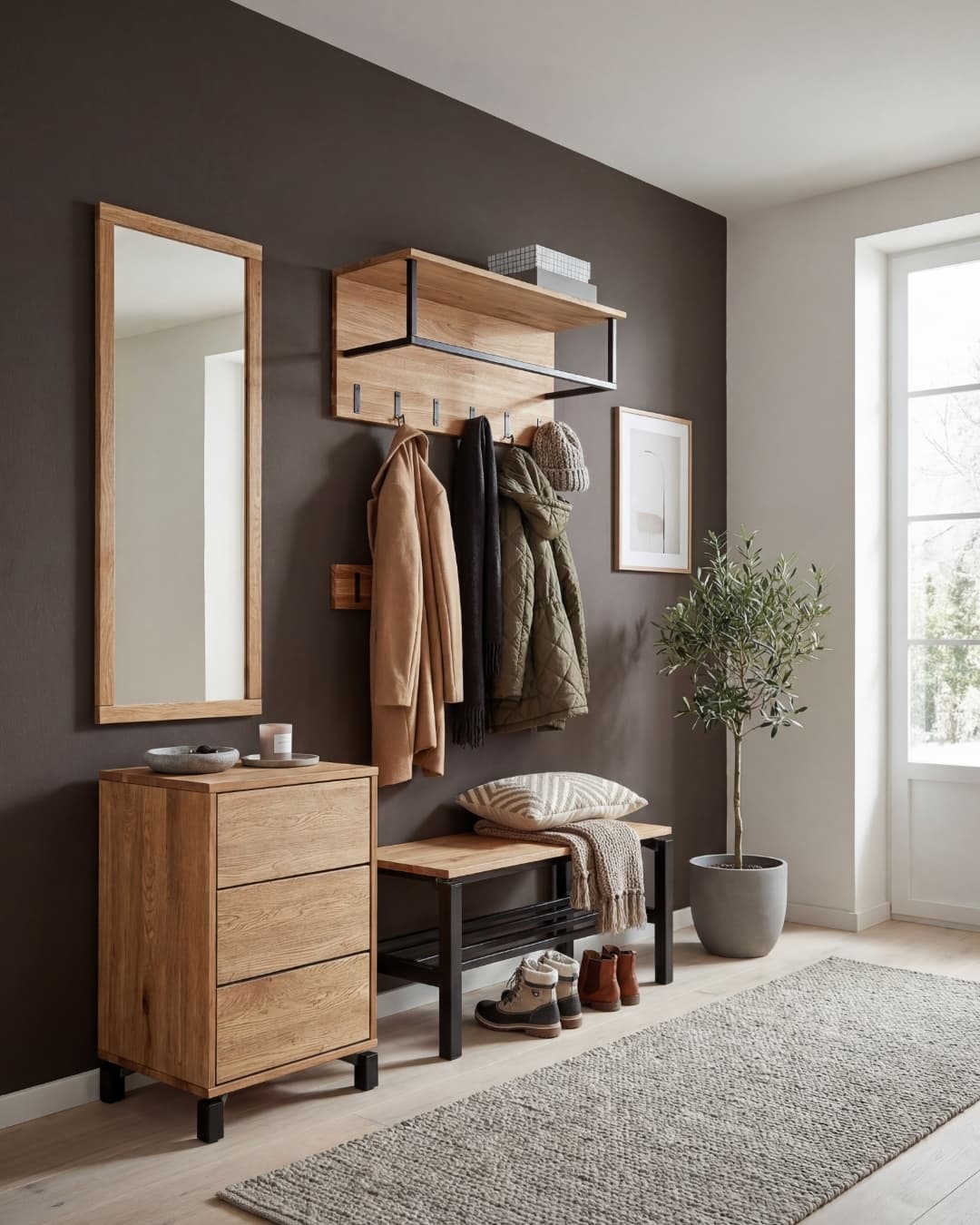 Moderne Diele mit Holzkommode, Spiegel, Kleiderablage, Pflanzen und Schuhen auf einem hellen Teppich vor dunkler Wand.