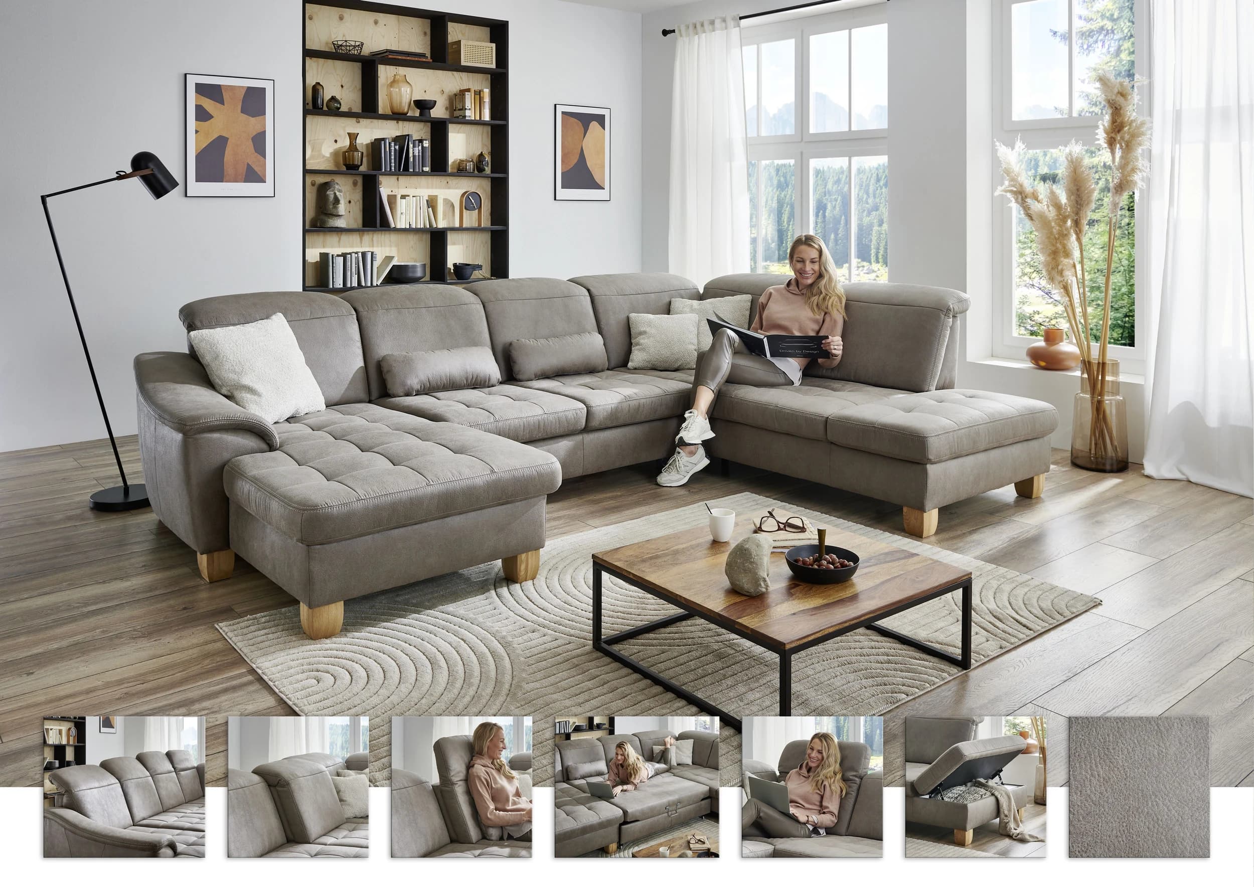 Wohnlandschaft - Longchair links mit 2,5-Sitzer und Ecke rechts, Kopfteil verstellbar, Stoff, Platin
