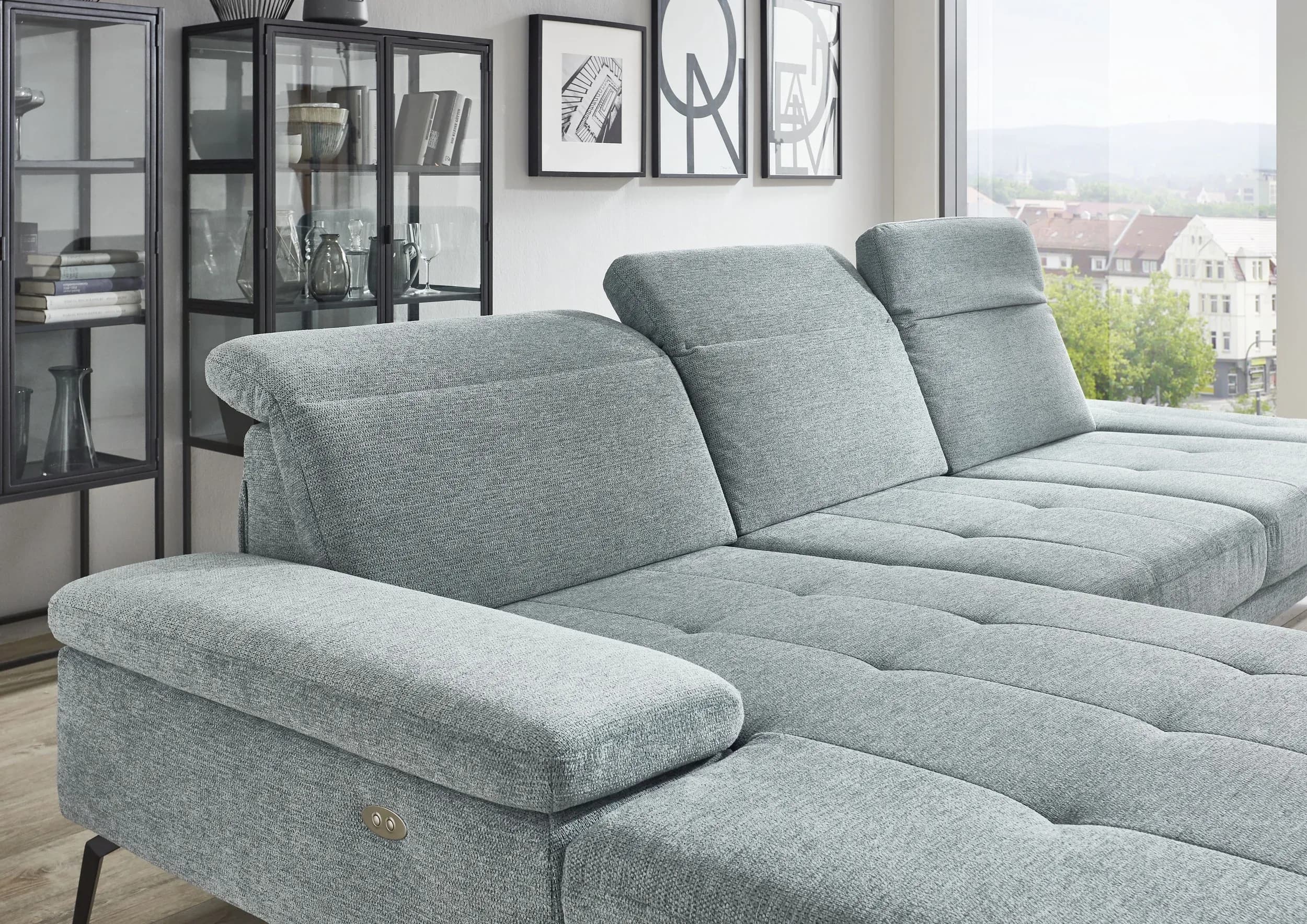 Ecksofa - Longchair links mit 3-Sitzer, Kopfteil verstellbar, Stoff, Hellblau