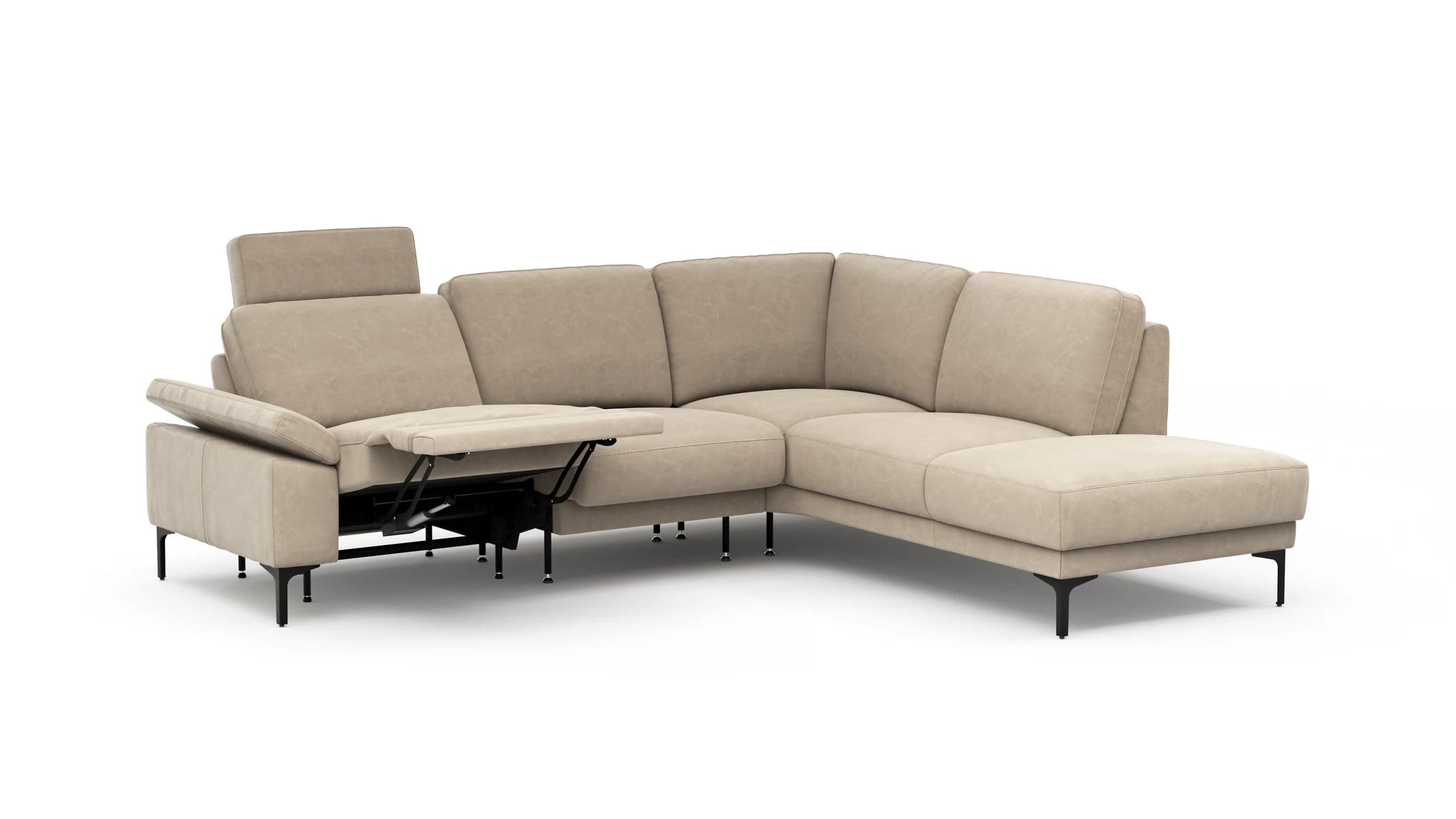 Ecksofa Matero - 2-Sitzer mit Ecke rechts inkl. Relaxfunktion motorisch und Sitzvorzug, Leder, Taupe