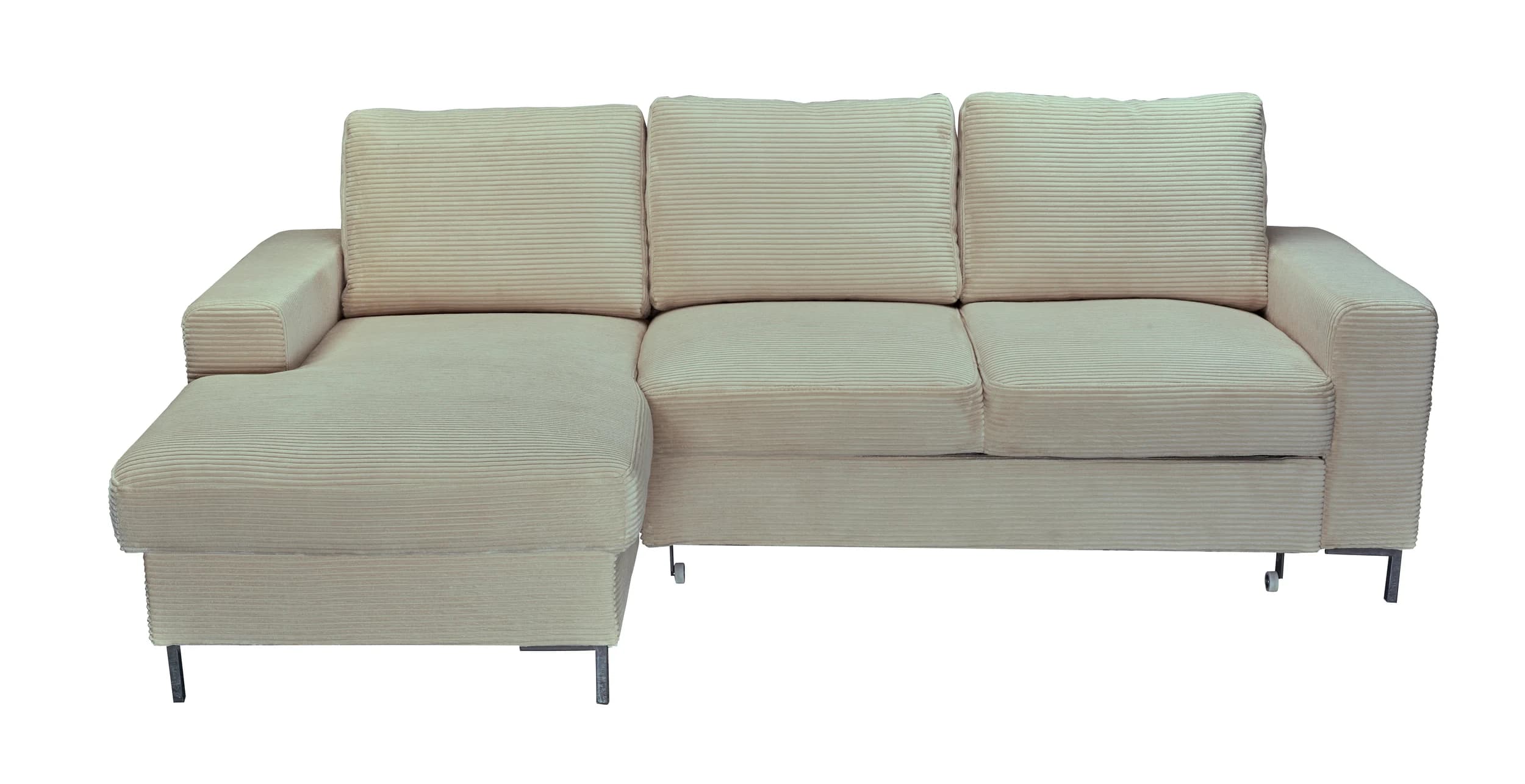 Ecksofa - Longchair links mit 2-Sitzer, Schlaffunktion mit Bettkasten, Stoff, Creme