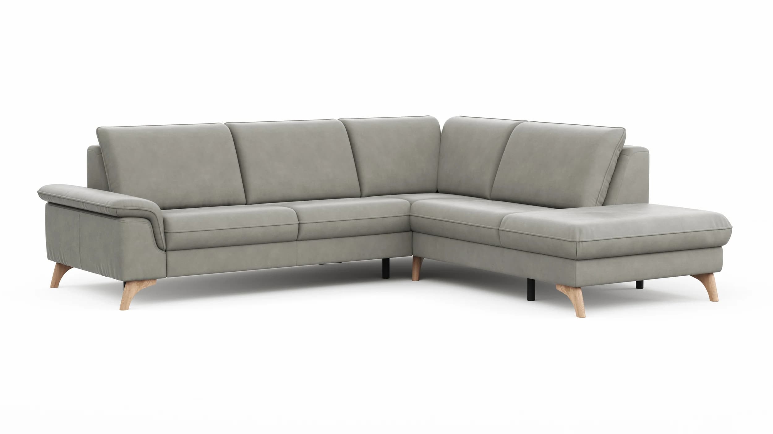 Ecksofa Tulsa KS - 2,5-Sitzer, Spitzecke und 1,5-Sitzer mit Anstellhocker rechts, Leder, Graubeige