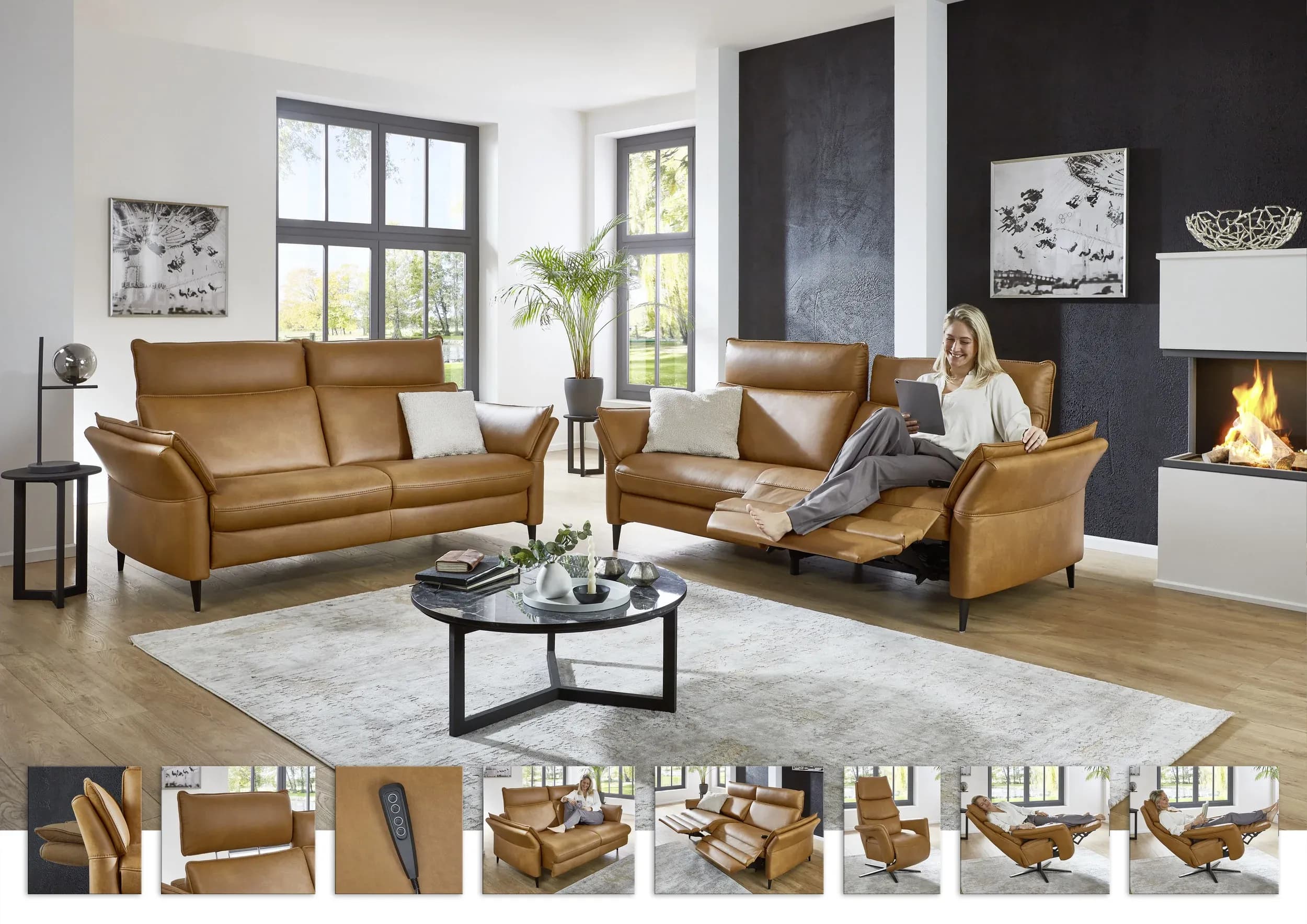 Sofa - 3-Sitzer mit Kopfteil verstellbar, Leder, Braun