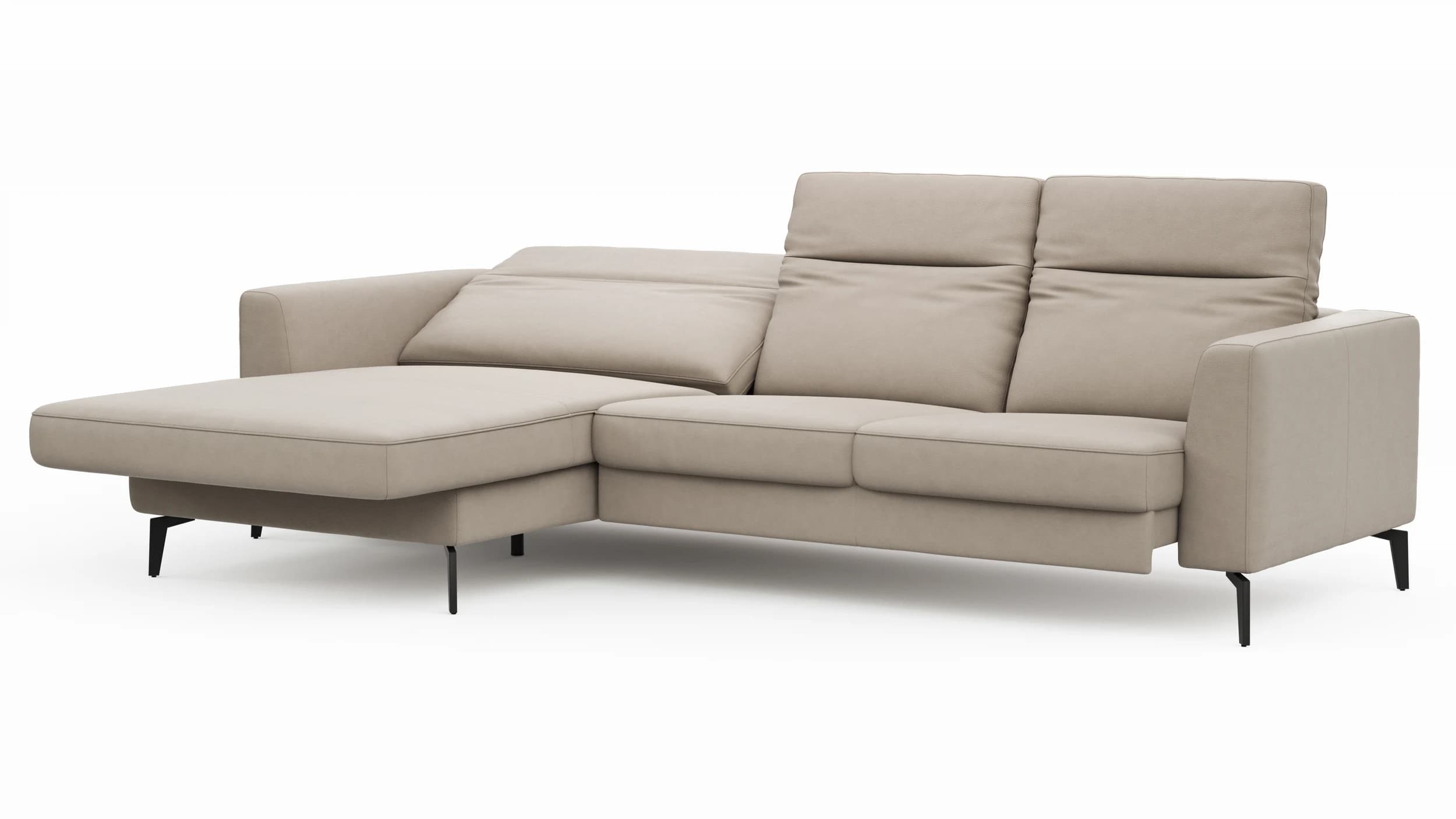 Ecksofa Rafaela 2.0 - Longchair mit 2,5-Sitzer rechts inkl. Sitzvorzug, Kopteilverstellung motorisch und Relaxfunktion motorisch im Longchair, Leder, Champagner