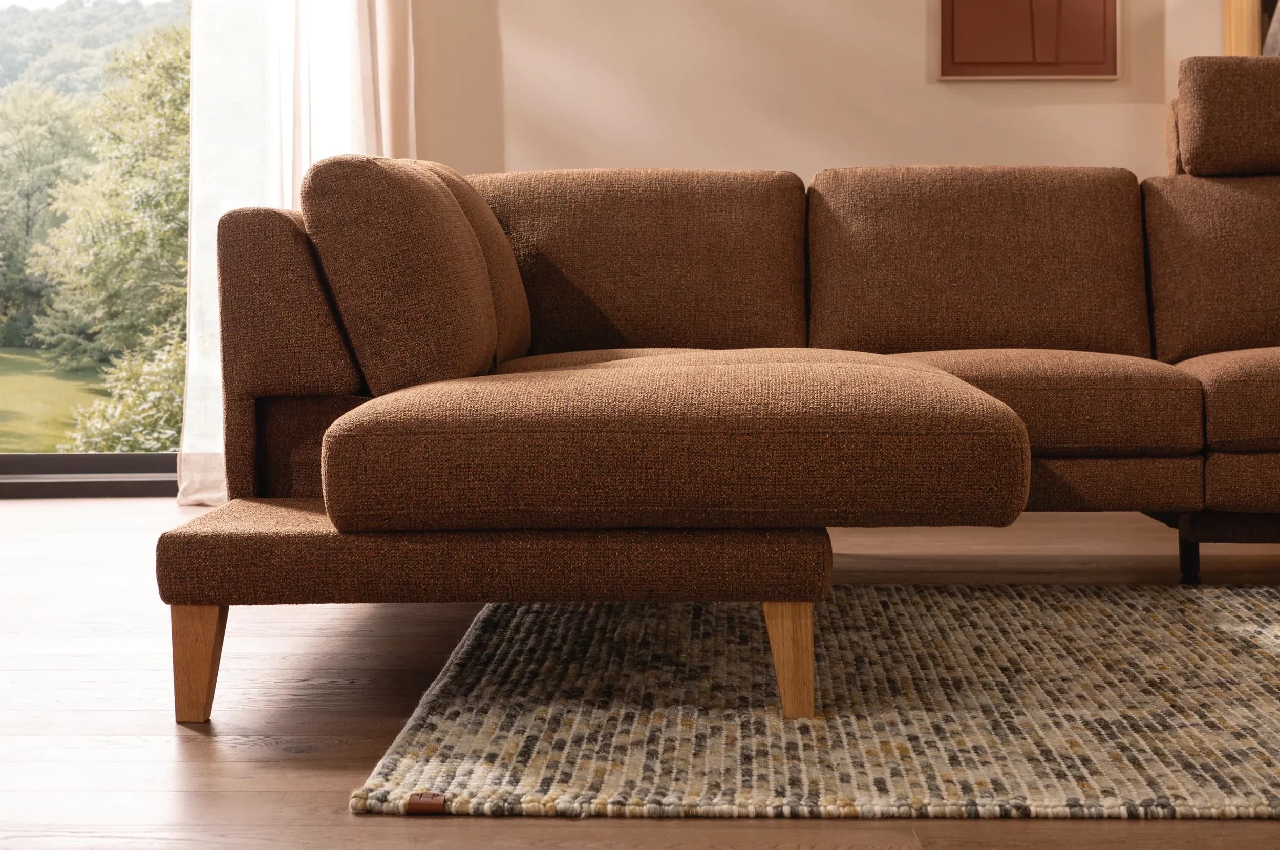 Ecksofa Rockport A - Ecke links mit 2,5-Sitzer, inkl. Relaxfunktion (motorisch), Sitzauszug (motorisch) und Armlehne klappbar, Stoff, Caramel