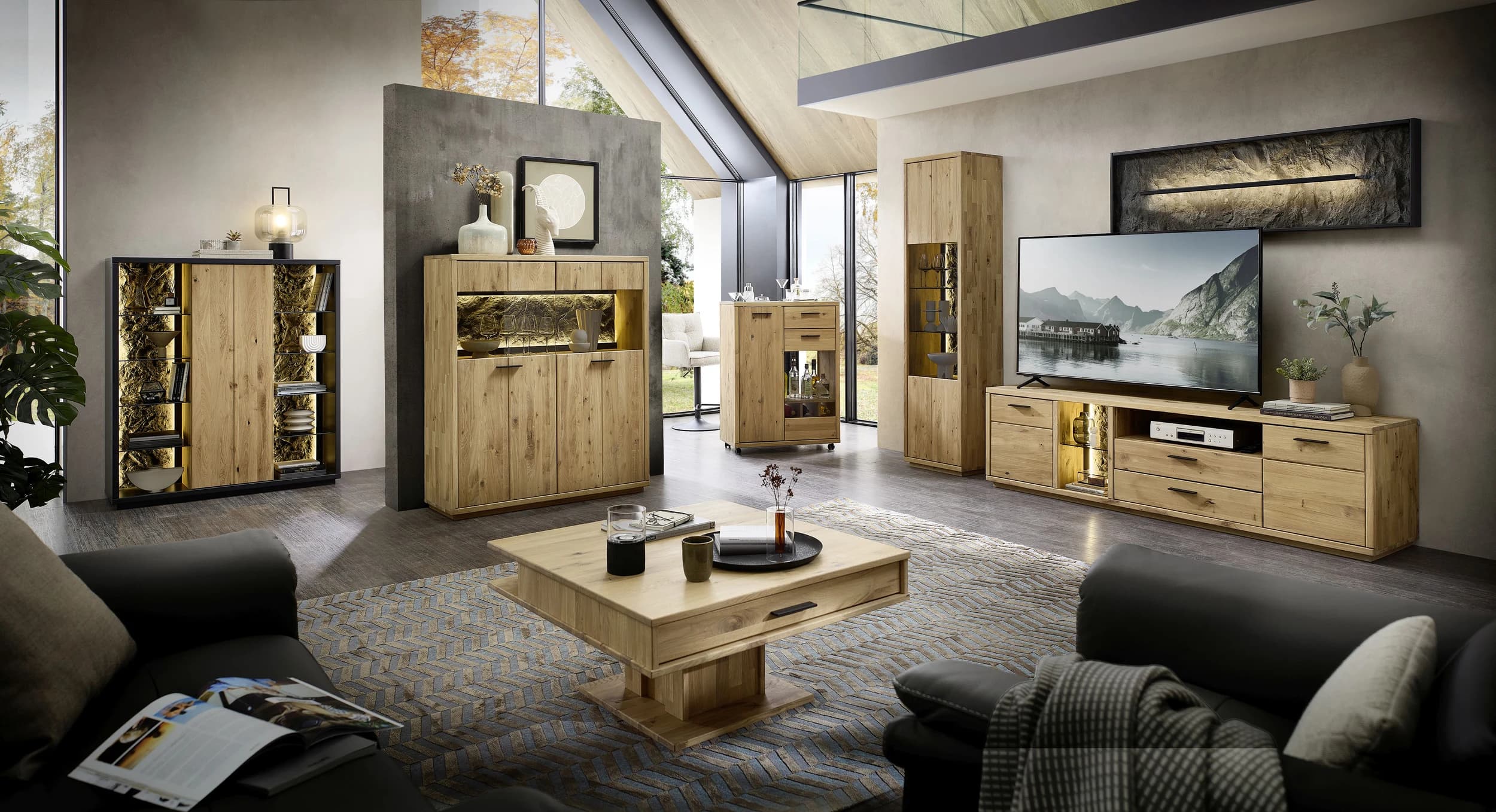 Highboard - mit Beleuchtung, Wildeiche massiv