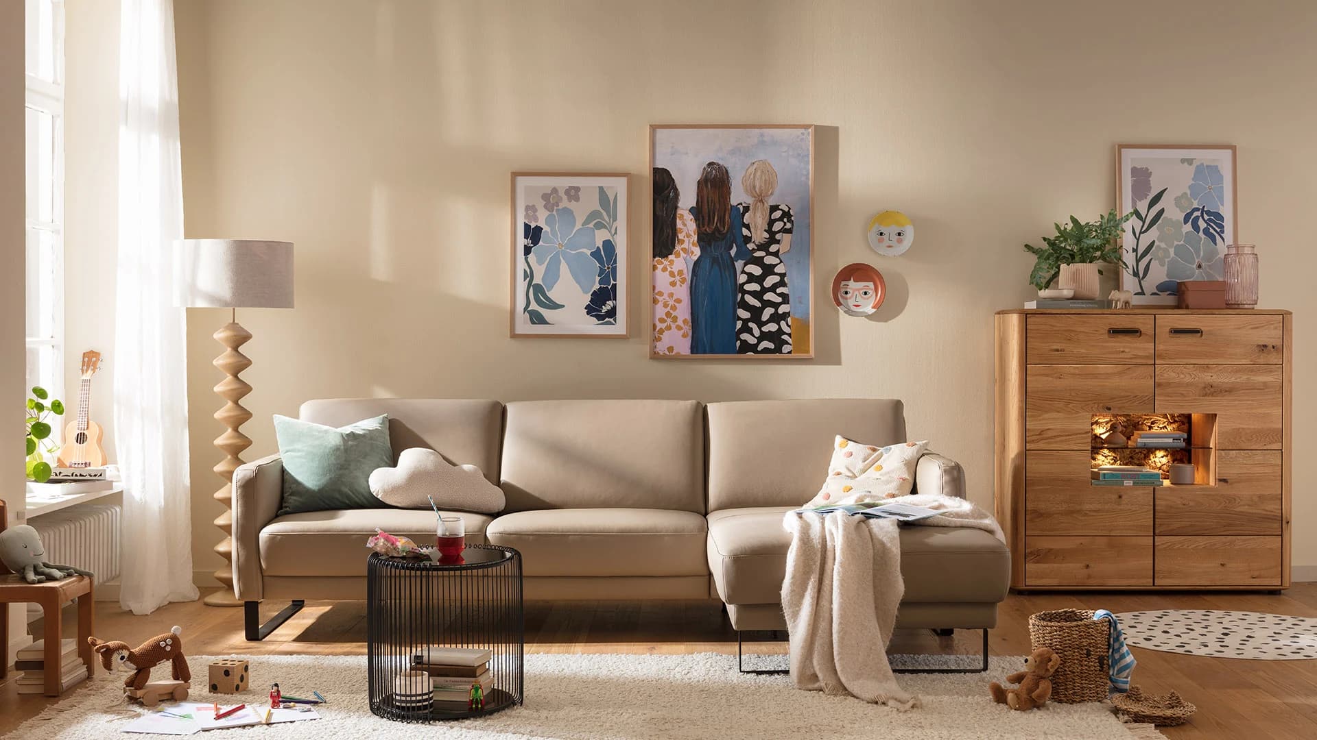 Ecksofa Matero - 2,5-Sitzer mit Longchair rechts, Stoff, Graubeige
