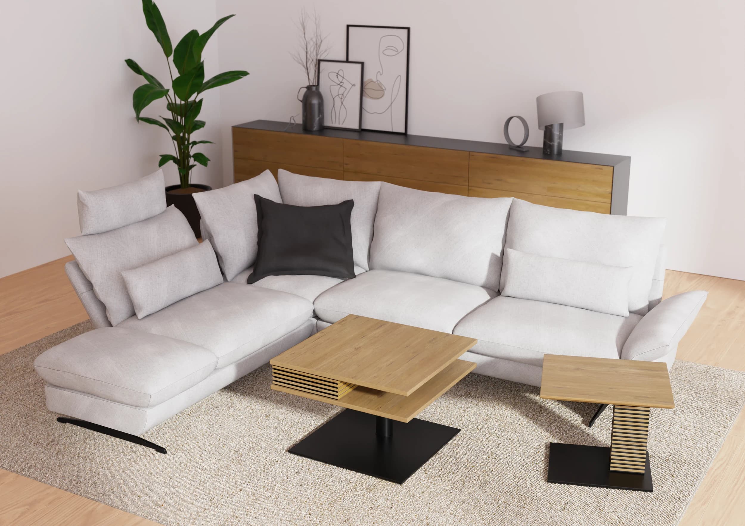 Couchtisch - höhenverstellbar, LBH. ca. 70x70x49-67 cm, Wildeiche furniert