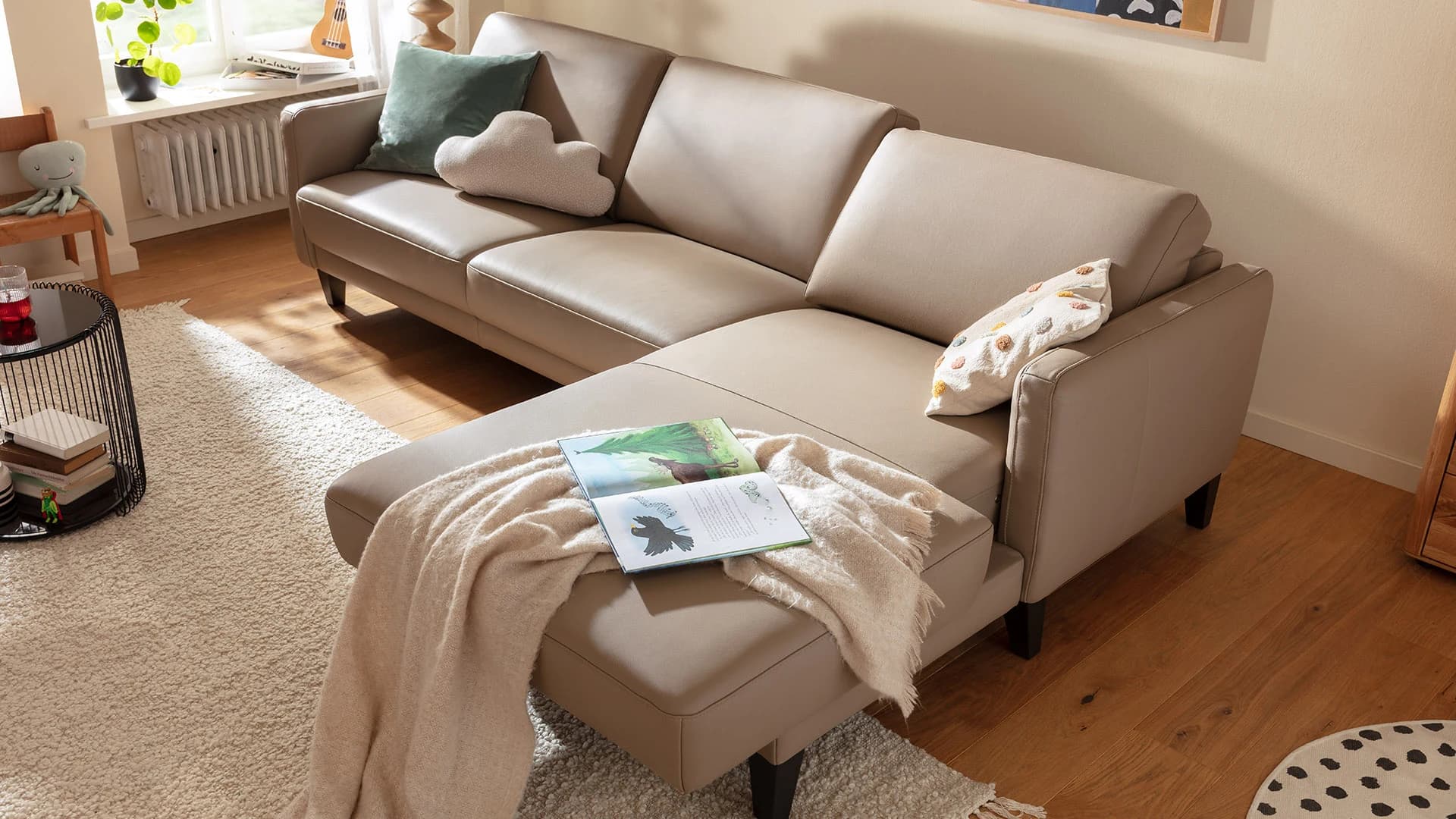Ecksofa Matero - 2,5-Sitzer mit Longchair rechts, Leder, Taupe