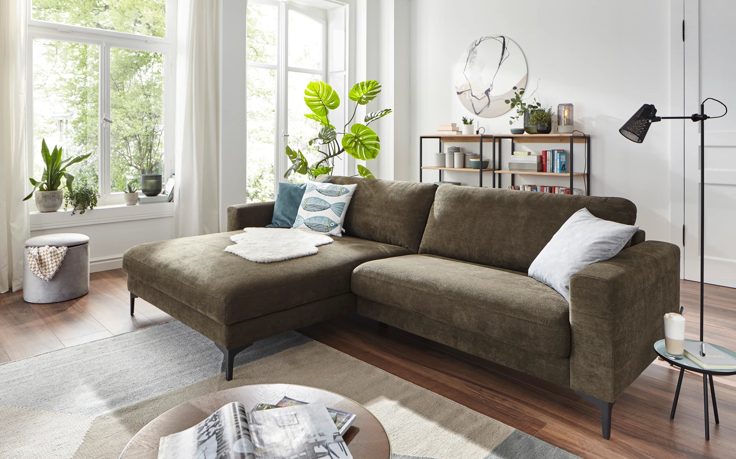 Ecksofa Oviedo - Longchair links mit 1,5-Sitzer inkl. Relaxfunktion (motorisch), Stoff, Braungrün