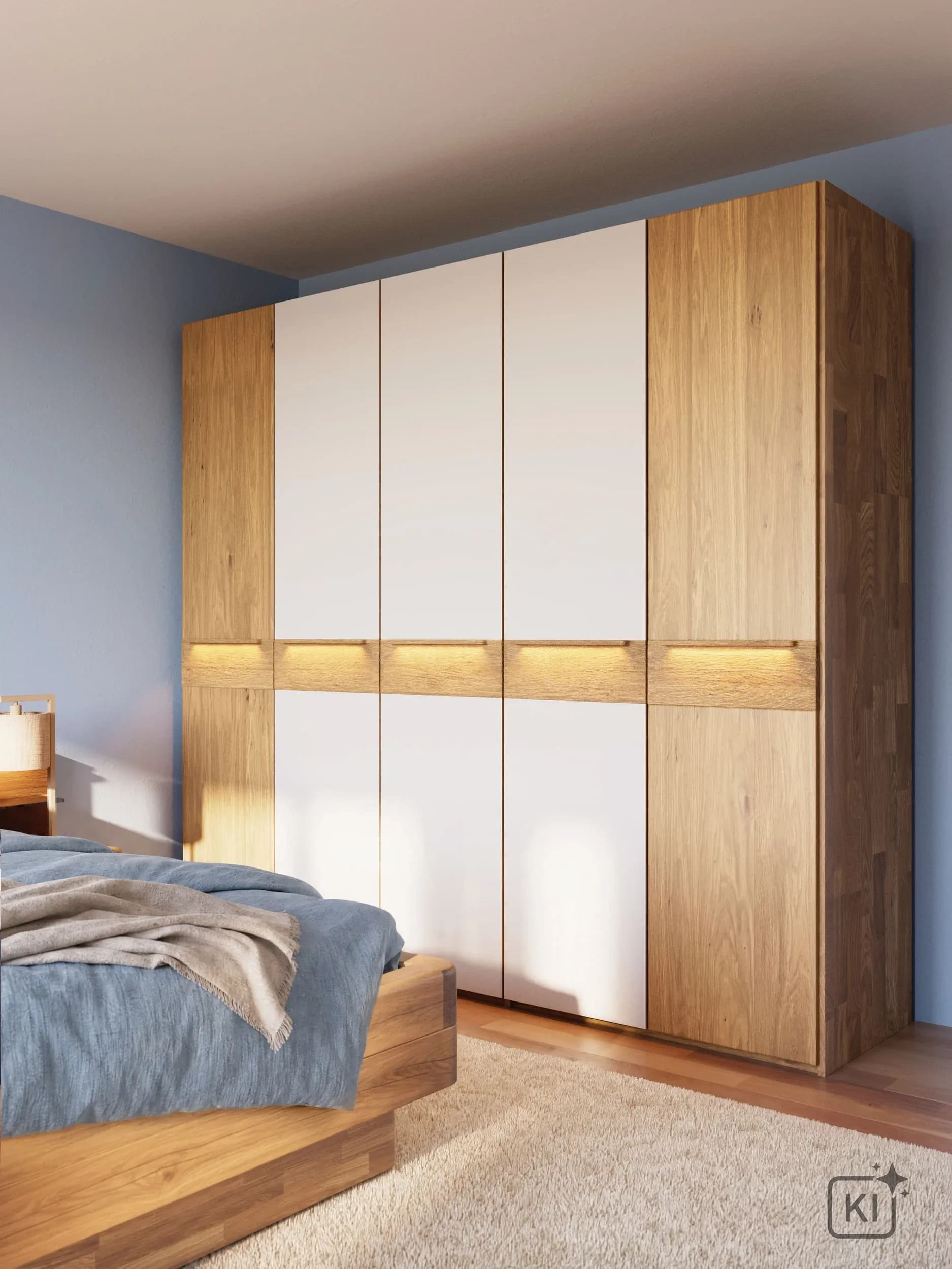 Drehtürenschrank Baltimore - inkl. Beleuchtung, B ca. 244 cm, Wildeiche massiv, Glas Cremeweiß matt