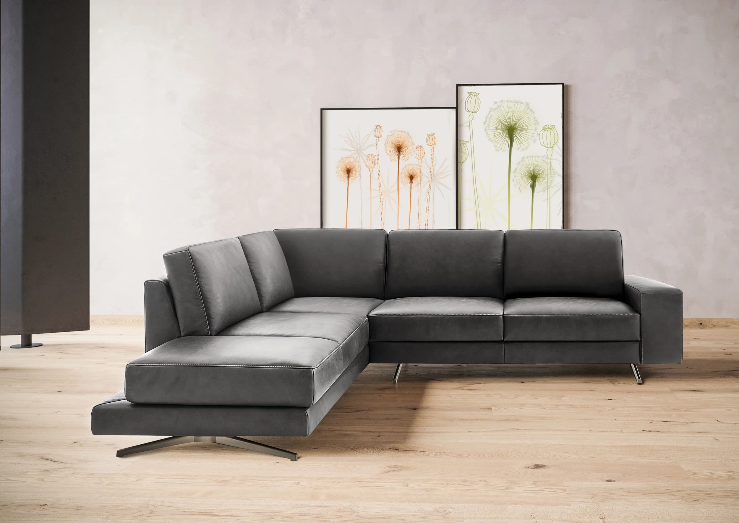Ecksofa - Ecke links mit 2-Sitzer, Drehsitz, Leder, Anthrazit