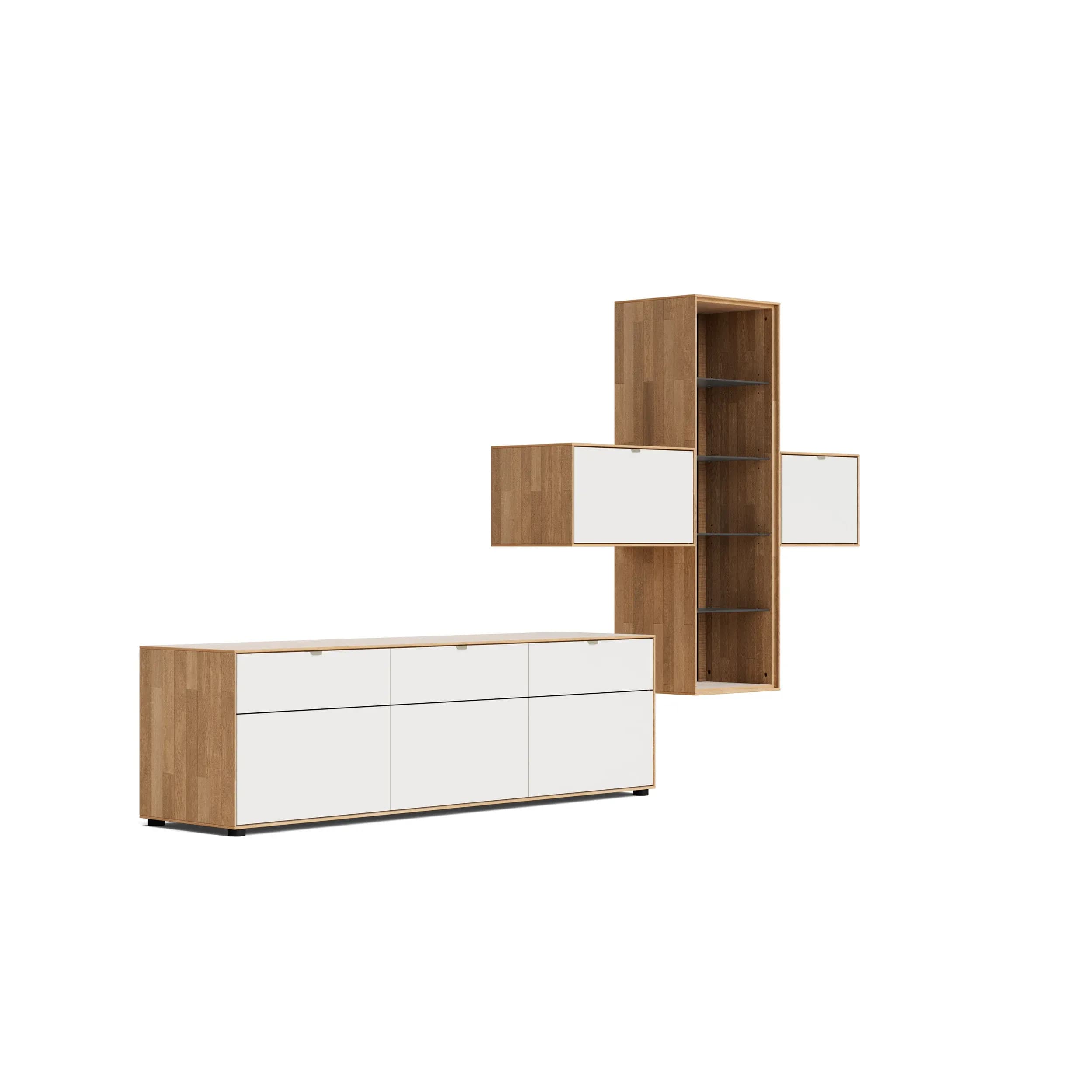 Wohnwand Koruna - Eiche massiv legno geölt, Front Glas cremeweiß