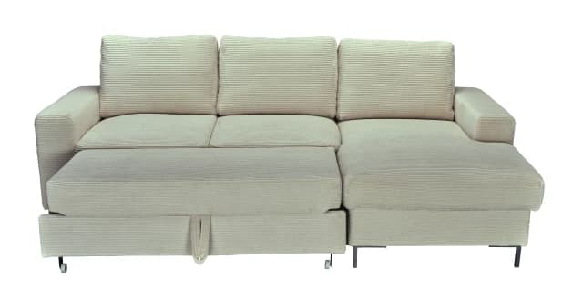 Ecksofa - 2-Sitzer mit Longchair rechts, Schlaffunktion mit Bettkasten, Stoff, Creme