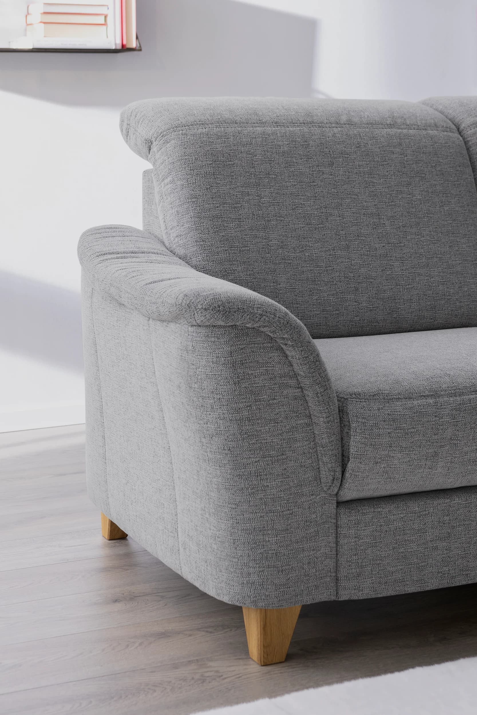 Ecksofa - 3-Sitzer mit Longchair rechts. Kopfteil verstellbar, Stoff, Grau