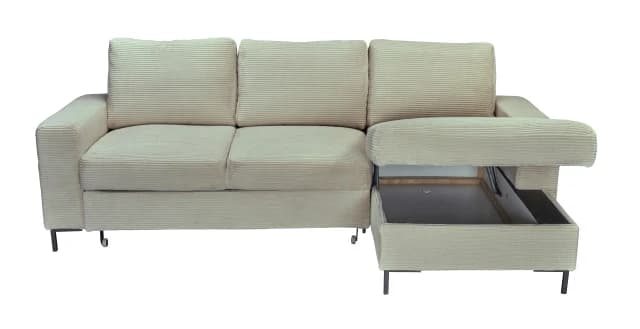Ecksofa - 2-Sitzer mit Longchair rechts, Schlaffunktion mit Bettkasten, Stoff, Creme