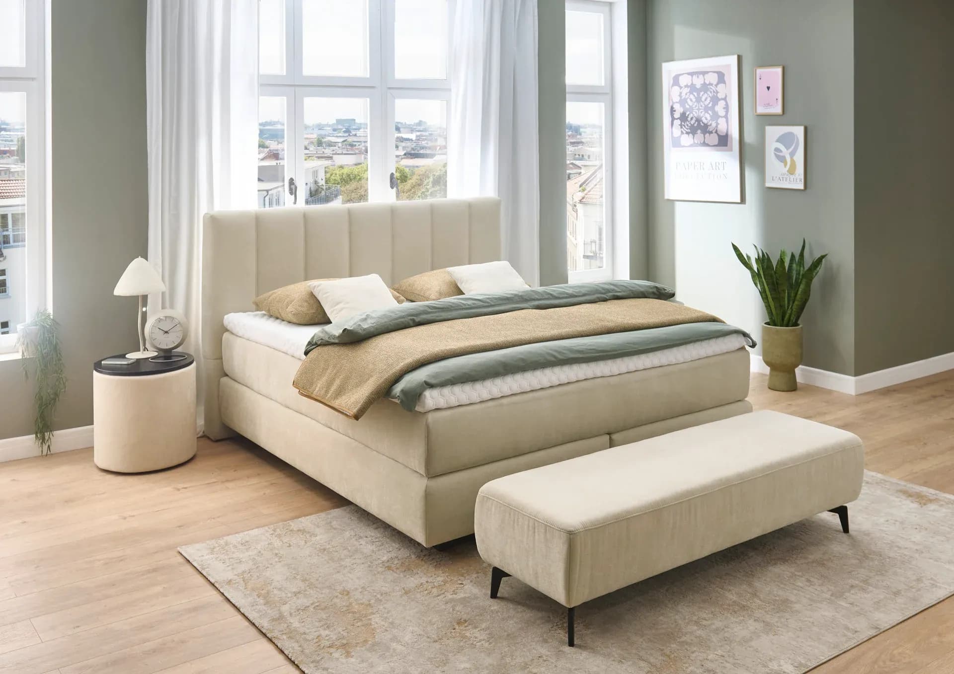 Boxspringbett - Liegefläche ca. 180x200 cm, Stoff, Natur