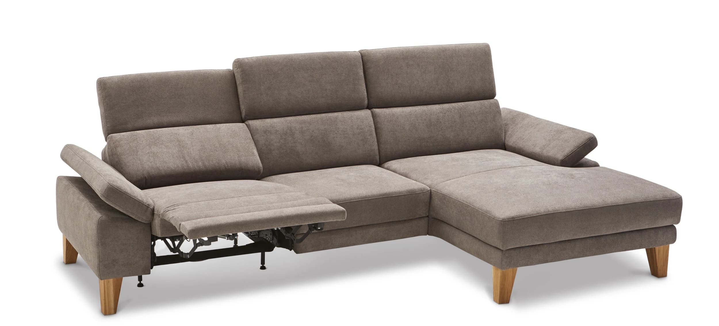 Ecksofa Hudson - 2,5-Sitzer mit Longchair rechts, inkl. Kopfteil/Armlehne verstellbar und Relaxfunktion (motorisch), Stoff, Steingrau