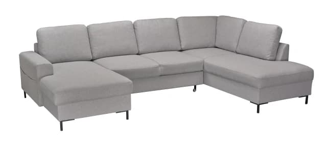 Wohnlandschaft - Longchair links mit 2-Sitzer und Ecke rechts, Schlaffunktion mit Bettkasten, Stoff, Hellgrau