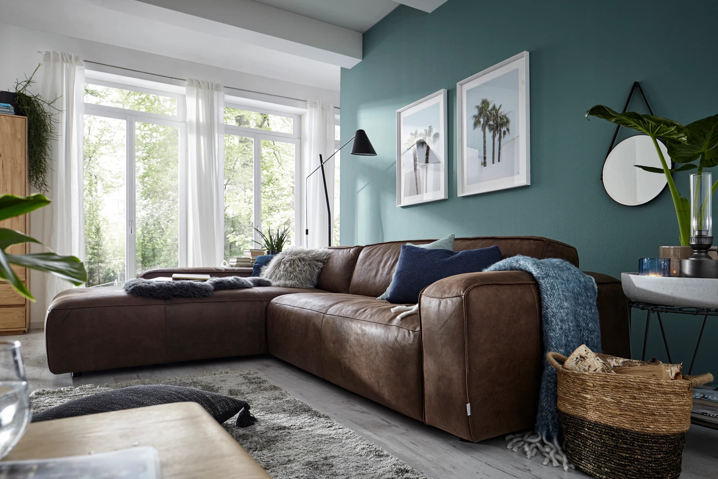 Ecksofa Denver - Longchair links mit 2,5-Sitzer, Leder, Braun