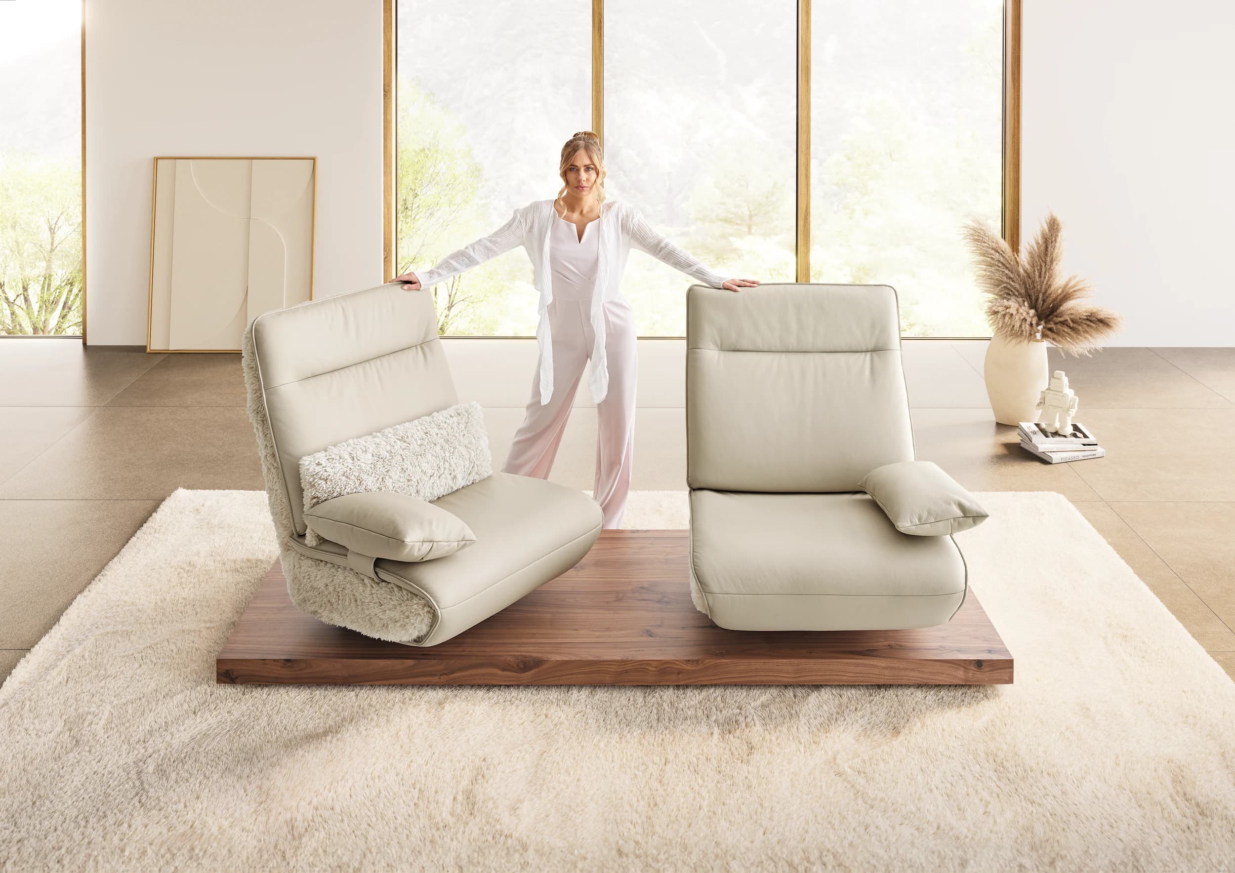 Sofa - 2-Sitzer, Relaxfunktion motorisch, Leder/Stoff Perlmutt