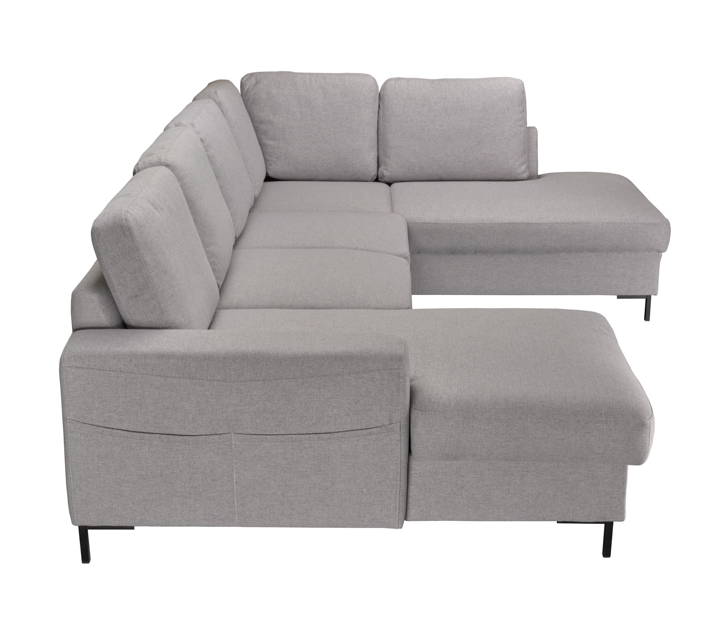 Wohnlandschaft - Longchair links mit 2-Sitzer und Ecke rechts, Schlaffunktion mit Bettkasten, Stoff, Hellgrau
