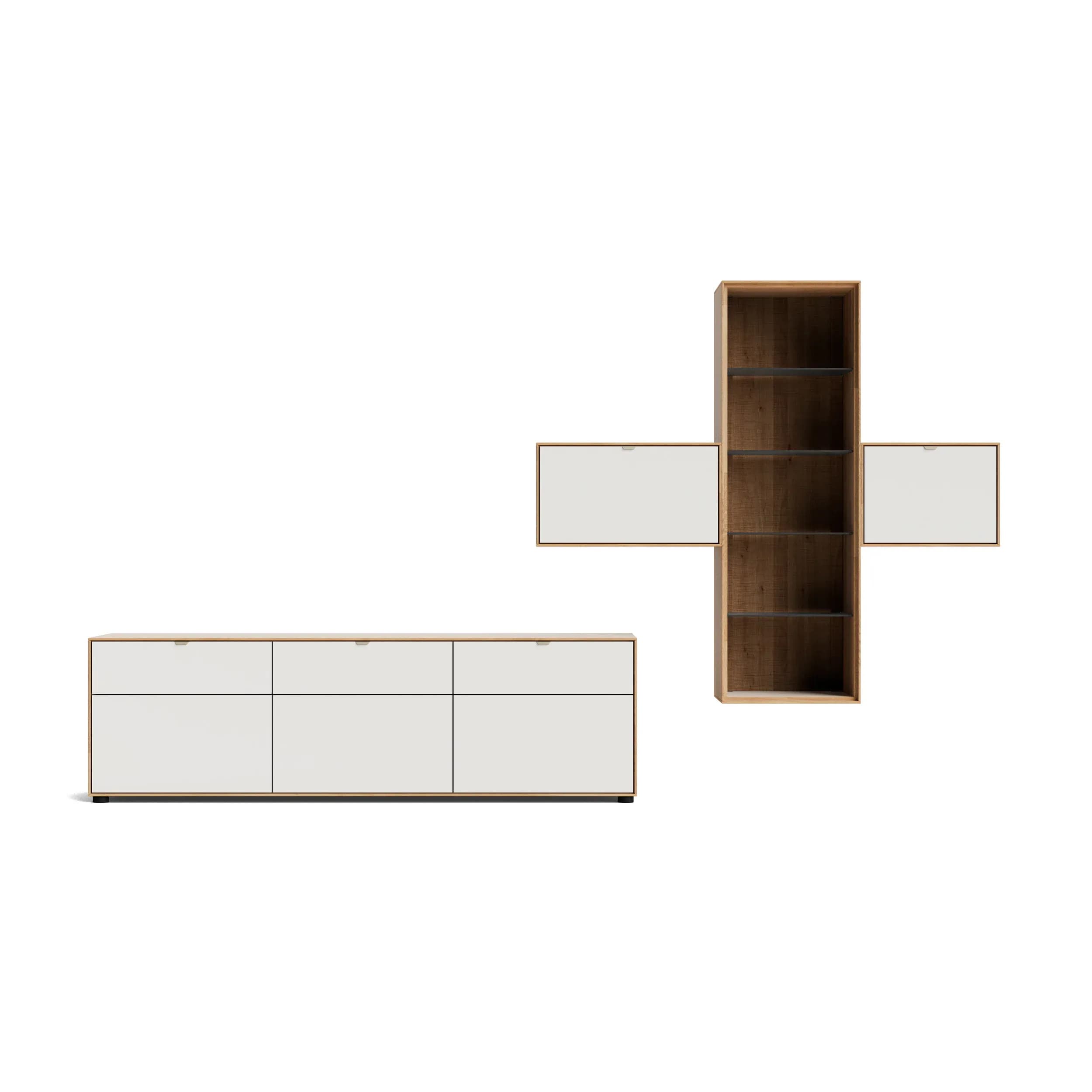 Wohnwand Koruna - Eiche massiv legno geölt, Front Glas cremeweiß