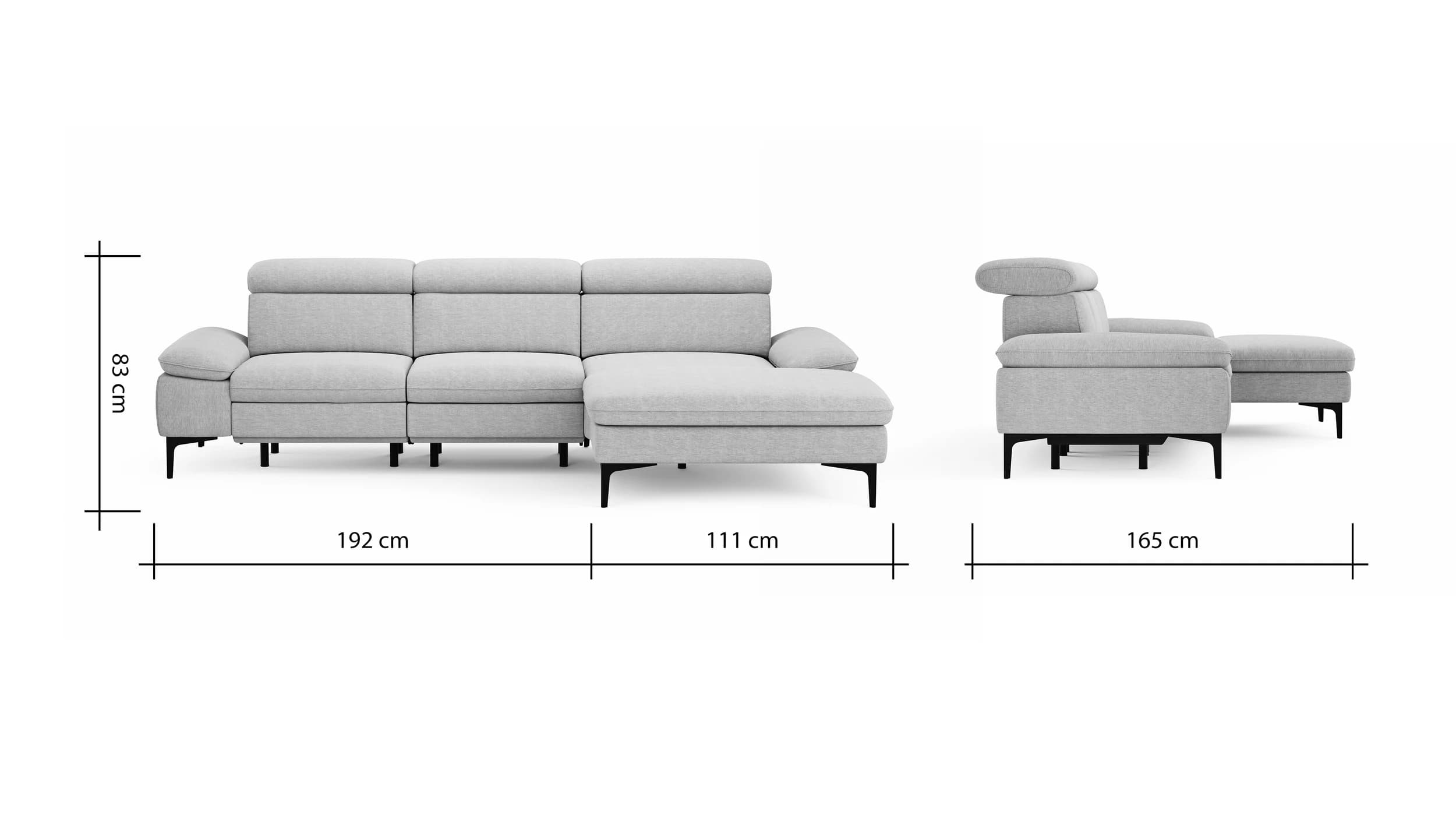 Ecksofa Felipa - 2,5-Sitzer mit Longchair rechts inkl. Armlehne verstellbar und Rückenlehne/Sitztiefe verstellbar (motorisch), Stoff, Natur