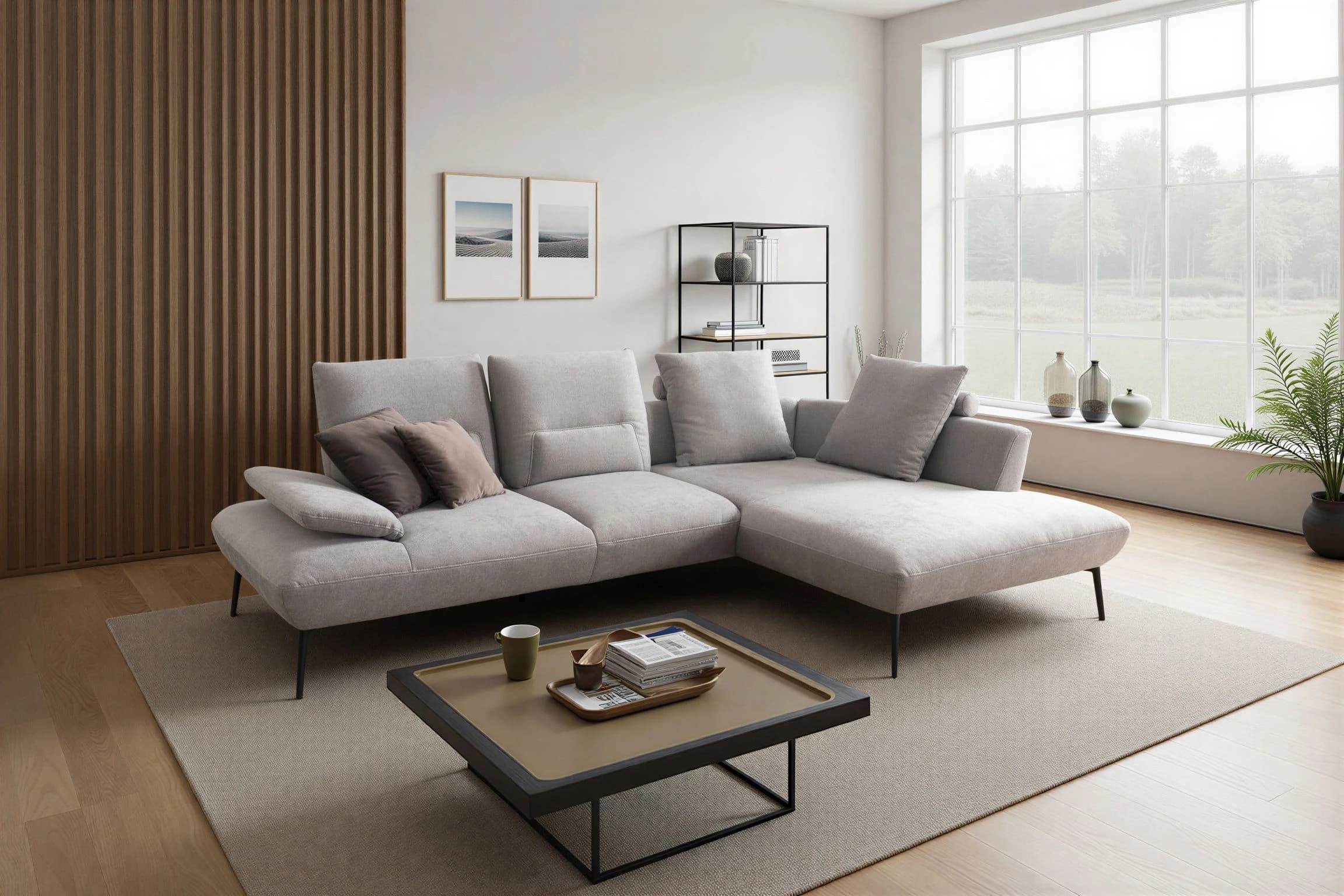 Ecksofa - 3-Sitzer mit  Longchair rechts, Rücken verstellbar, Stoff, Silbergrau