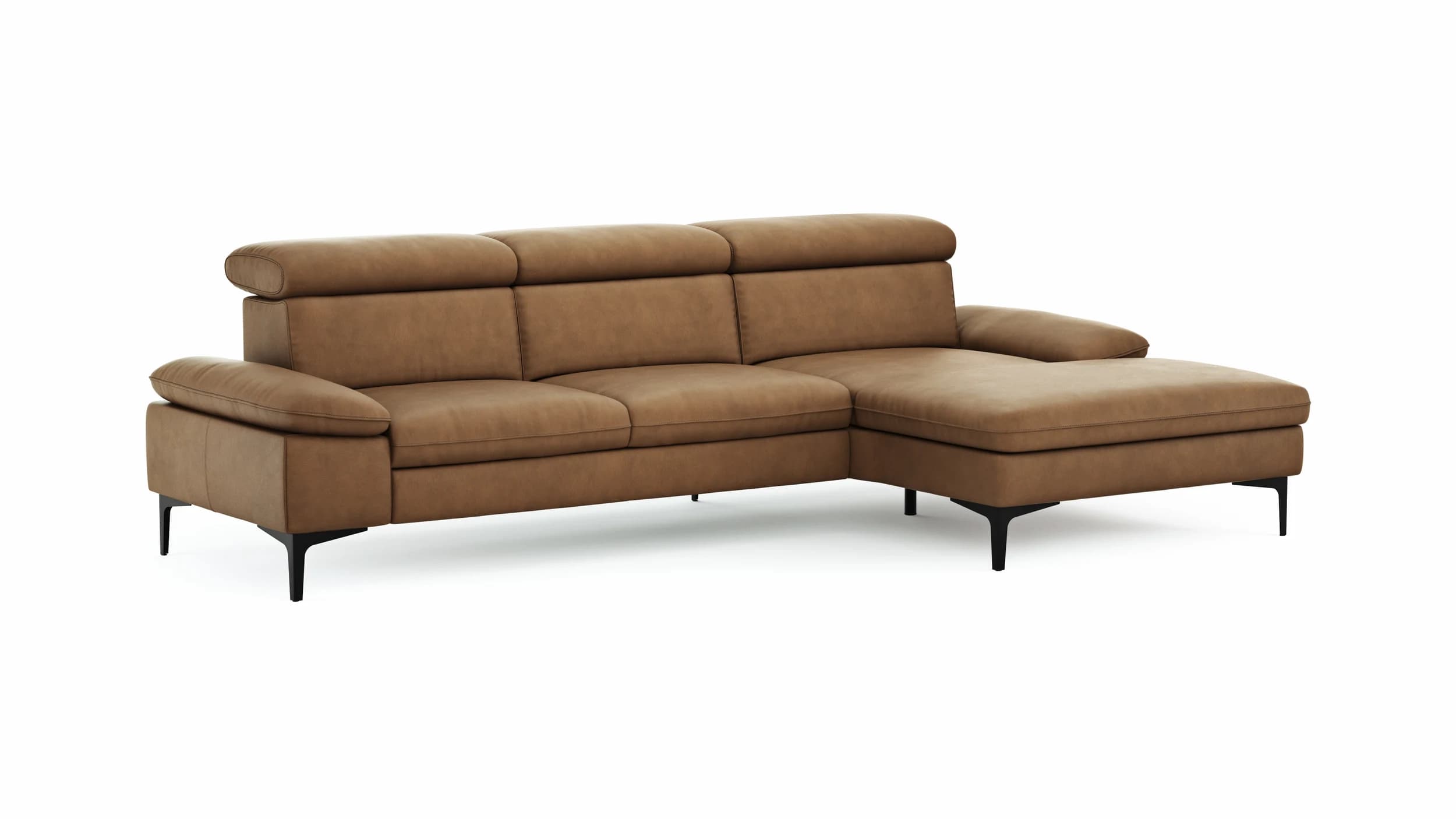 Ecksofa Felipa - 2,5-Sitzer mit Longchair rechts inkl. Kopfteil verstellbar, Leder, Cognac