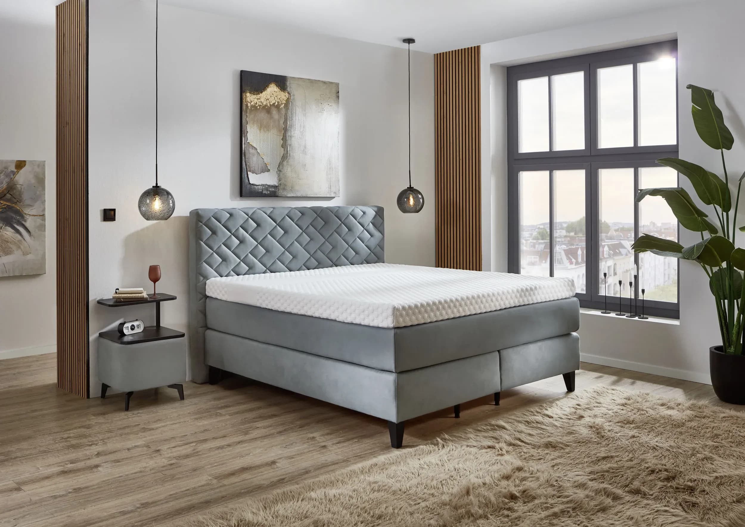 Boxspringbett - Liegefläche ca. 180x200 cm, Stoff, Graublau