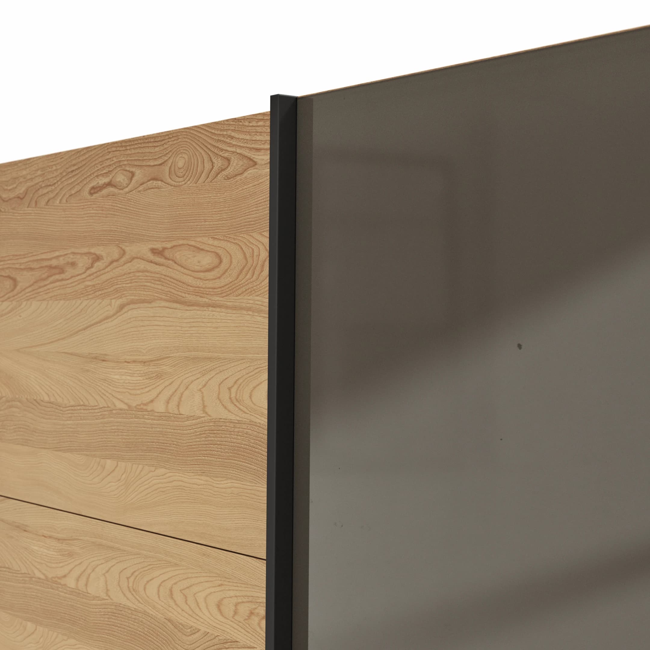 Schwebetürenschrank Lenoso - B. ca. 330 cm, Eiche massiv, Glas, Graubraun