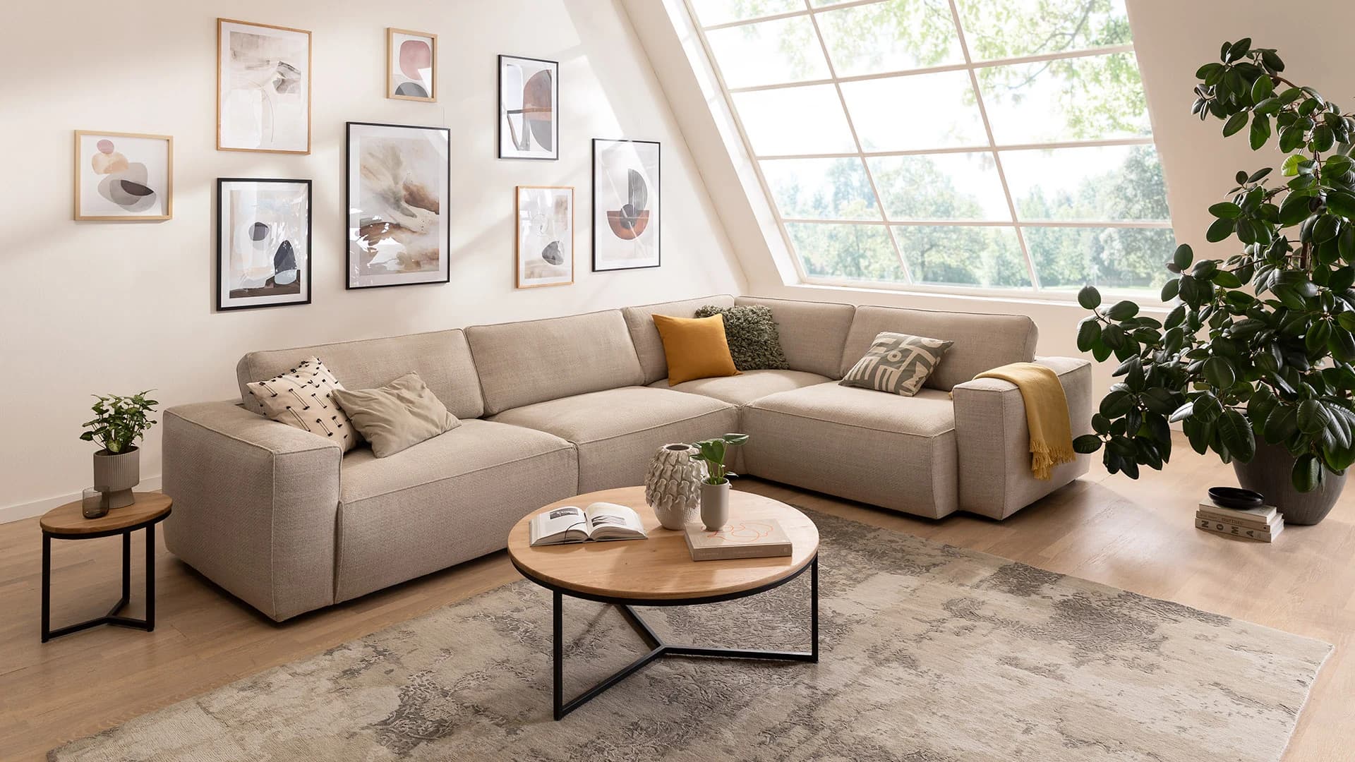 Ecksofa Lilaia - 3-Sitzer XL links, Ecke mit 1,5-Sitzer XL Tief, Stoff, Kaschmir