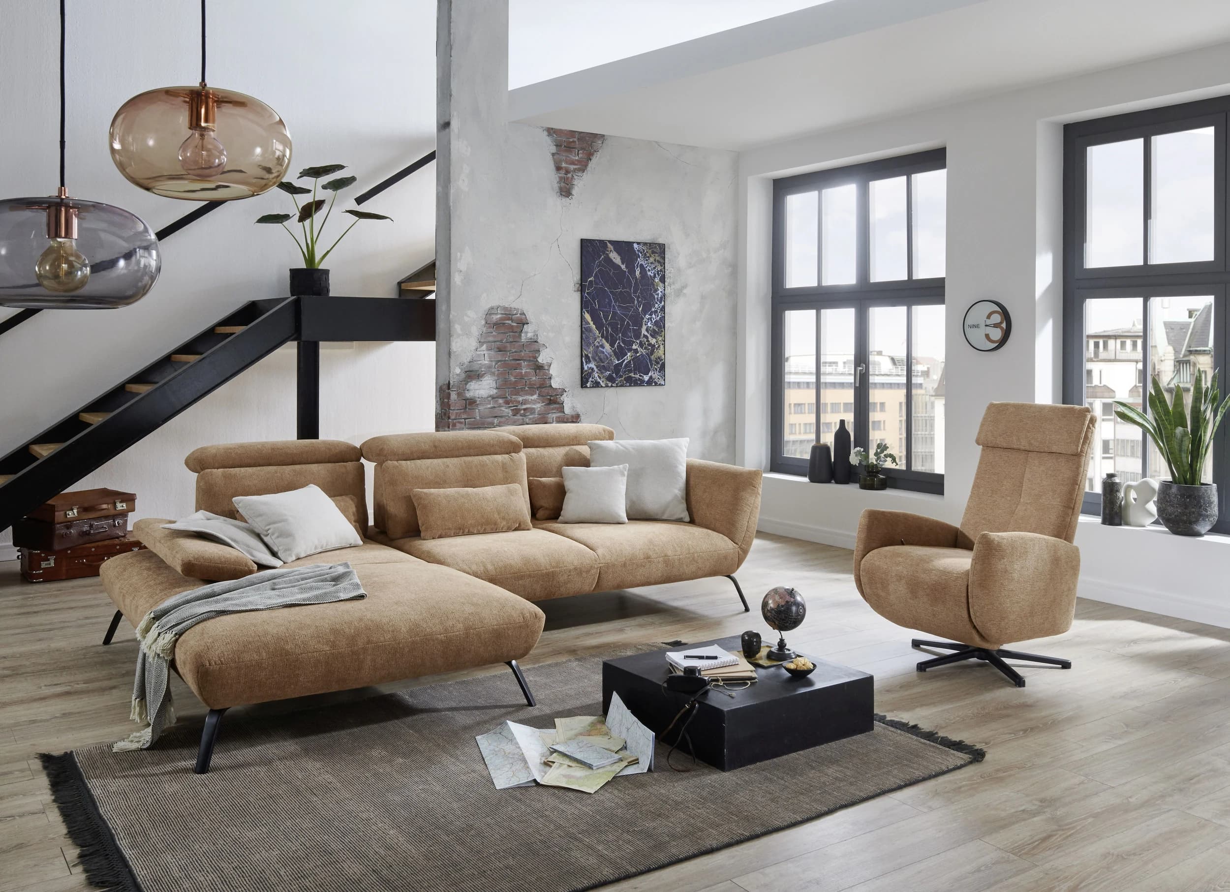 Ecksofa - Longchair links mit 3-Sitzer, Rückenlehne verstellbar, Stoff, Cognac