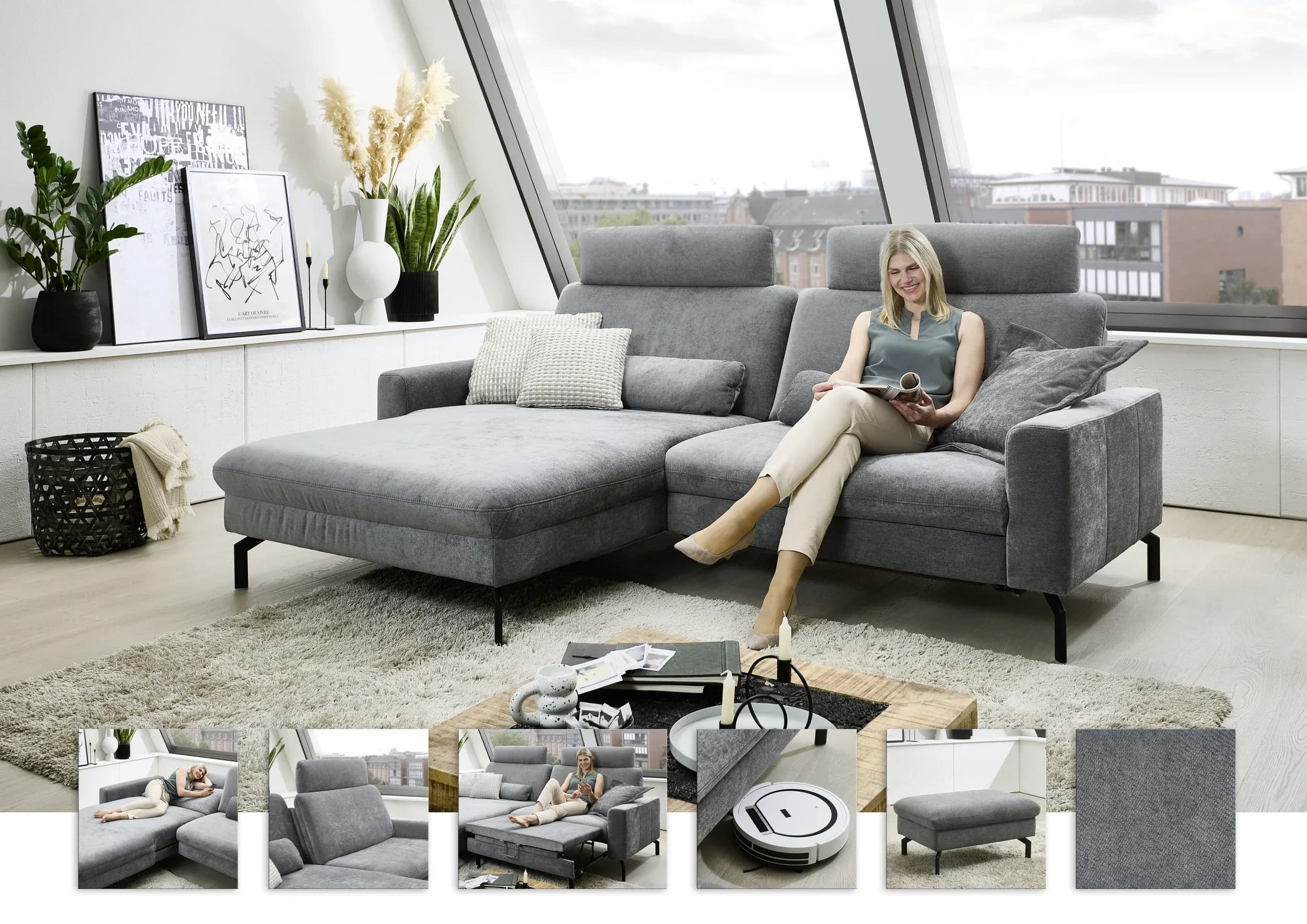 Ecksofa - Longchair links mit 1,5-Sitzer, Stoff, Anthrazit