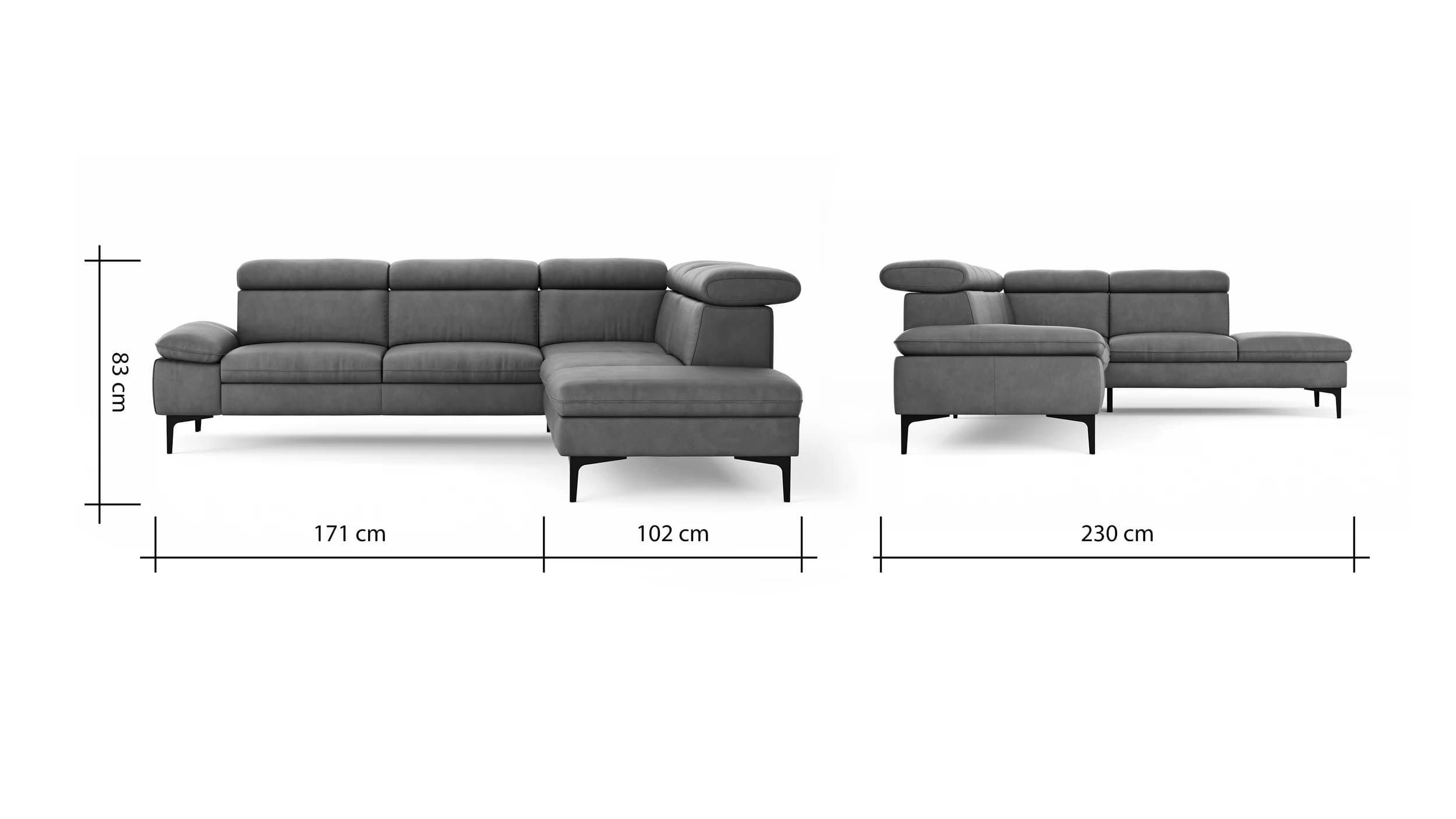 Ecksofa Felipa - 2,5-Sitzer mit Ecke rechts inkl. Kopfteil verstellbar, Leder, Grau