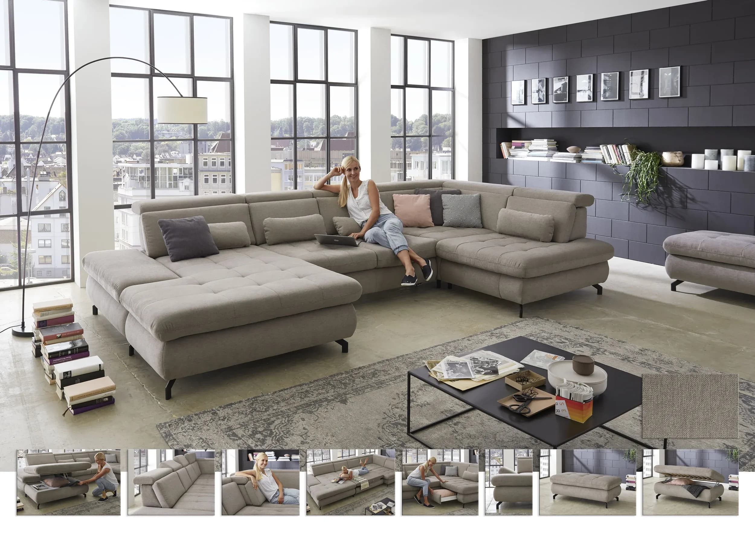 Wohnlandschaft - Longchair links mit 2,5-Sitzer und Ecke rechts, Sitztiefe verstellbar, Stoff, Granit