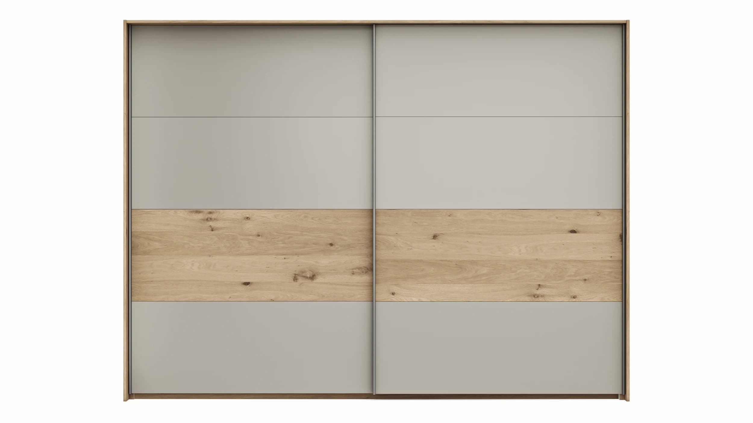 Schwebetürenschrank Viana - B ca. 278 cm, Furnier, Balkeneiche, Hellgrau