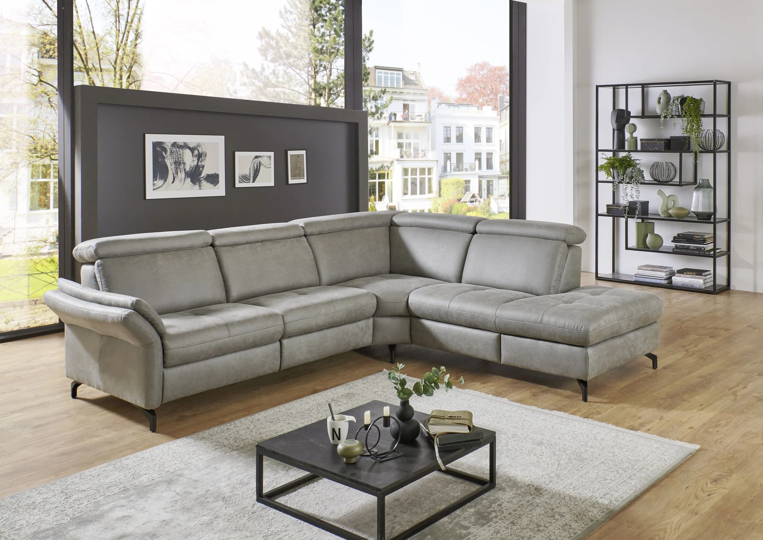  Ecksofa - 2-Sitzer mit Ecke rechts, Stoff, Grau