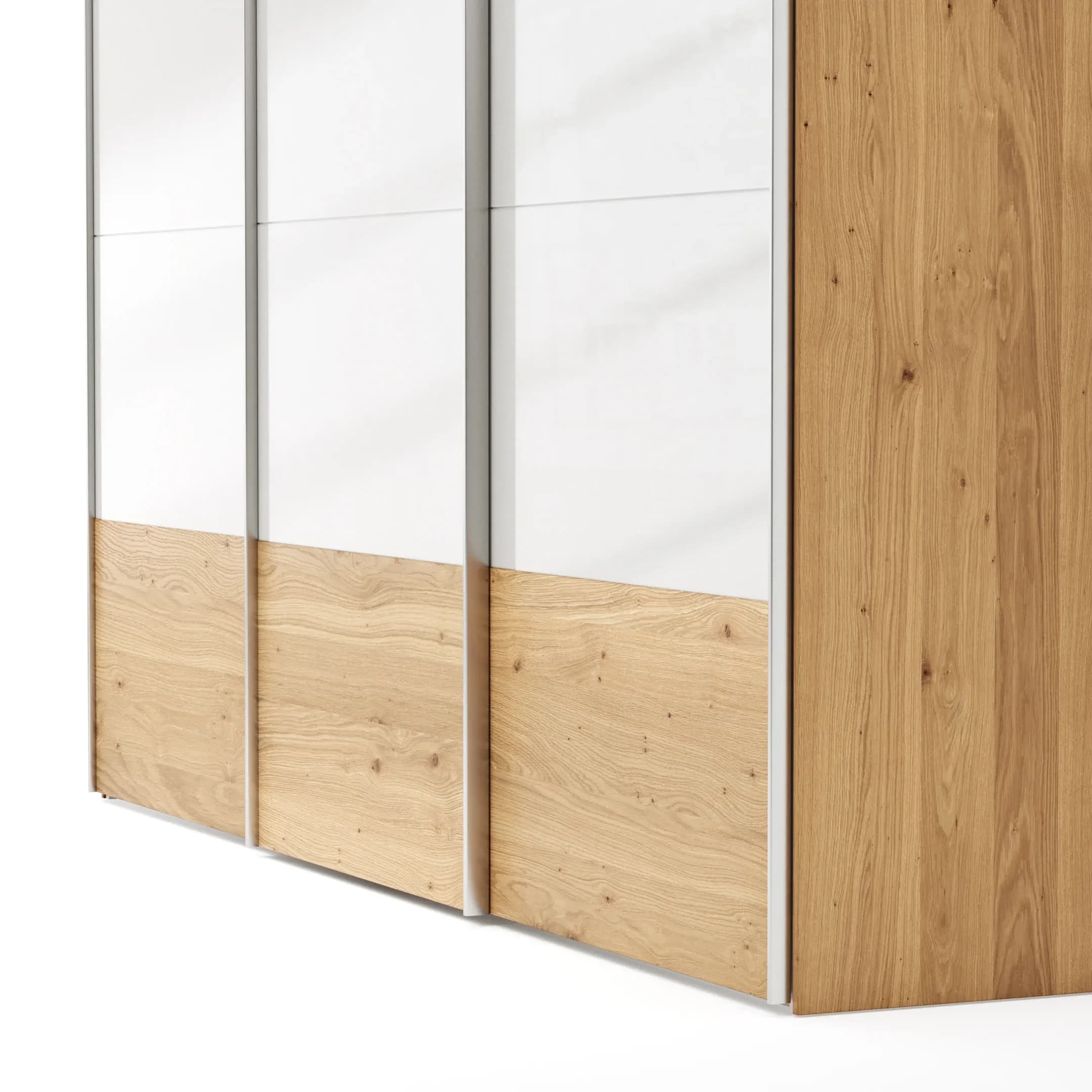 Schwebetürenschrank Colorado - B ca. 307 cm, Eichenfurnier mit Glas weiss
