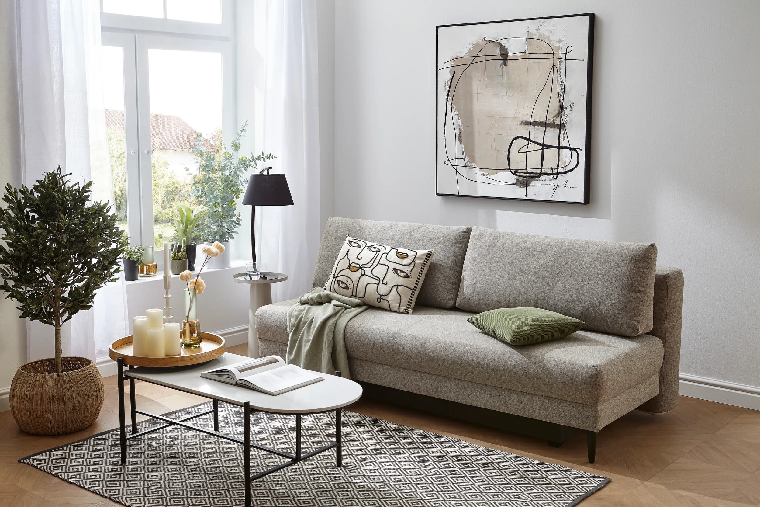 Schlafsofa Salema - 3-Sitzer mit Schlaffunktion (Liegefläche ca. 140x200 cm), Stoff, Kiesel
