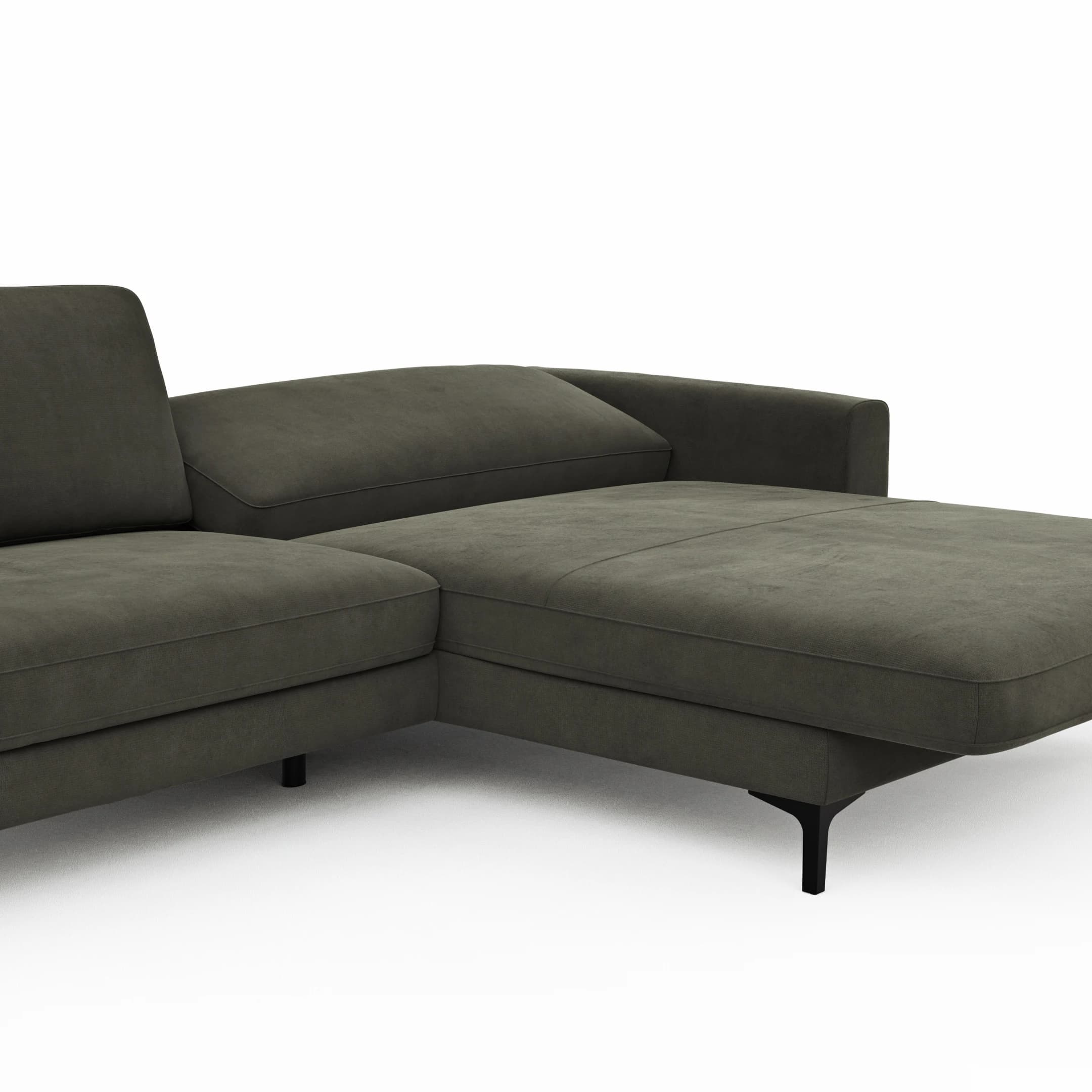 Ecksofa Oviedo - 1,5-Sitzer mit Longchair rechts inkl. Relaxfunktion (motorisch), Stoff, Braungrün