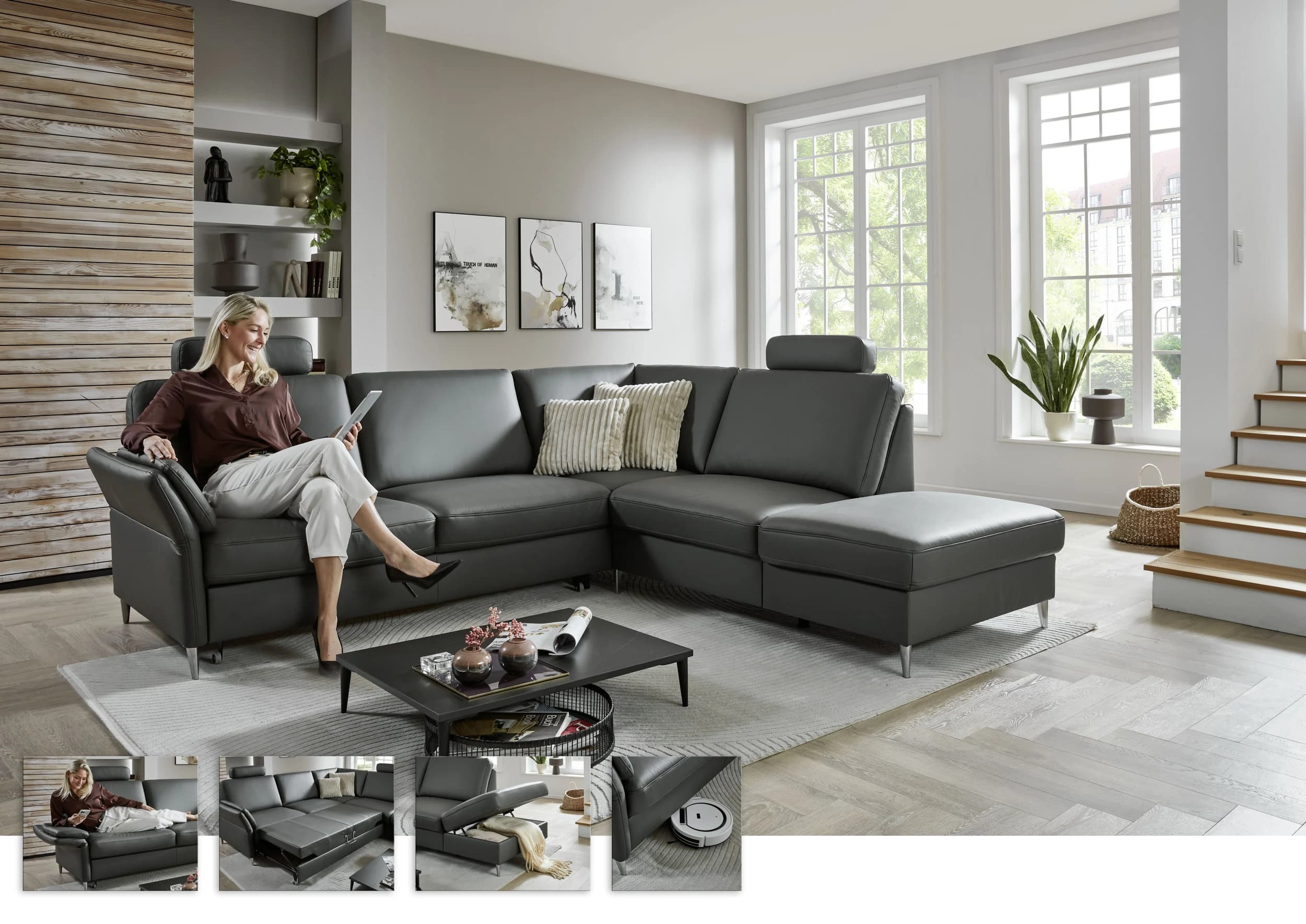 Ecksofa - 3-Sitzer mit Ecke rechts, Leder, Anthrazit