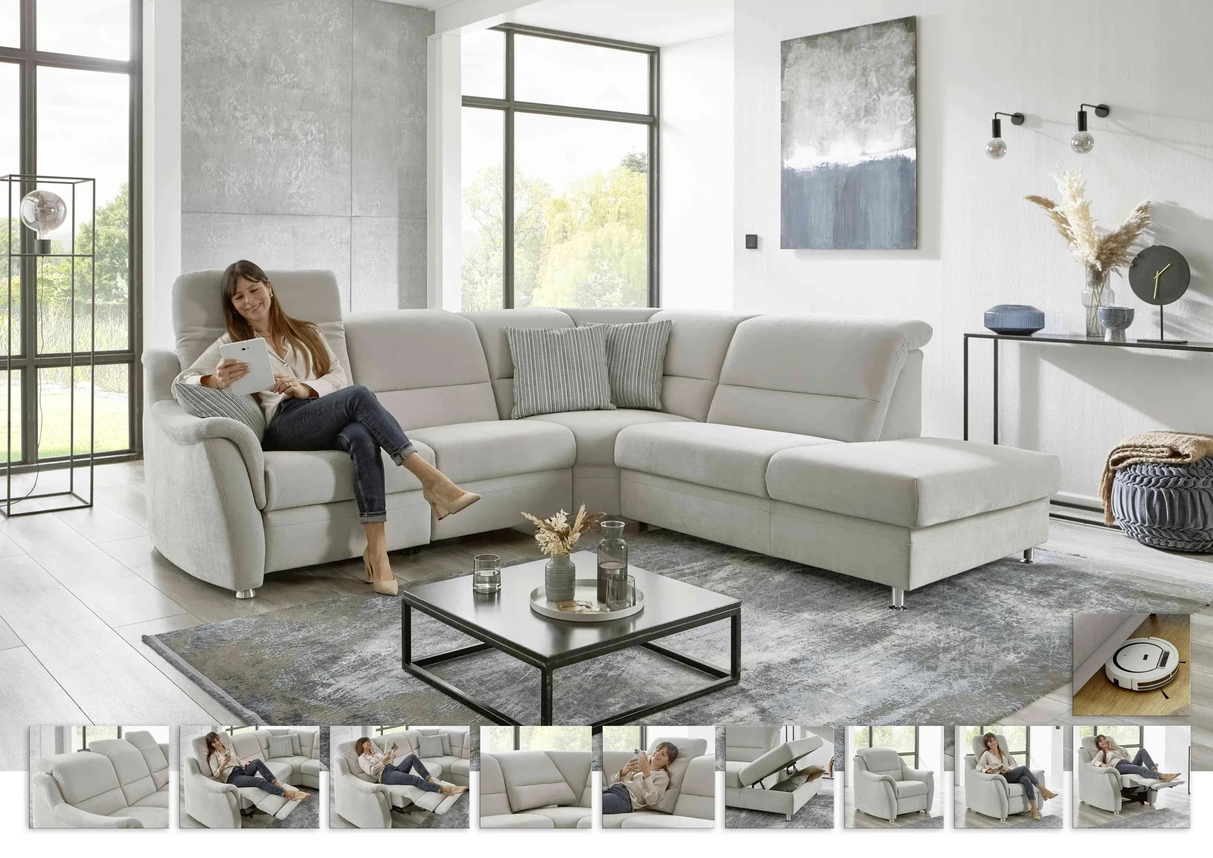 Ecksofa - 2,5-Sitzer mit Ecke rechts, Kopfteil verstellbar, Stoff, Silbergrau