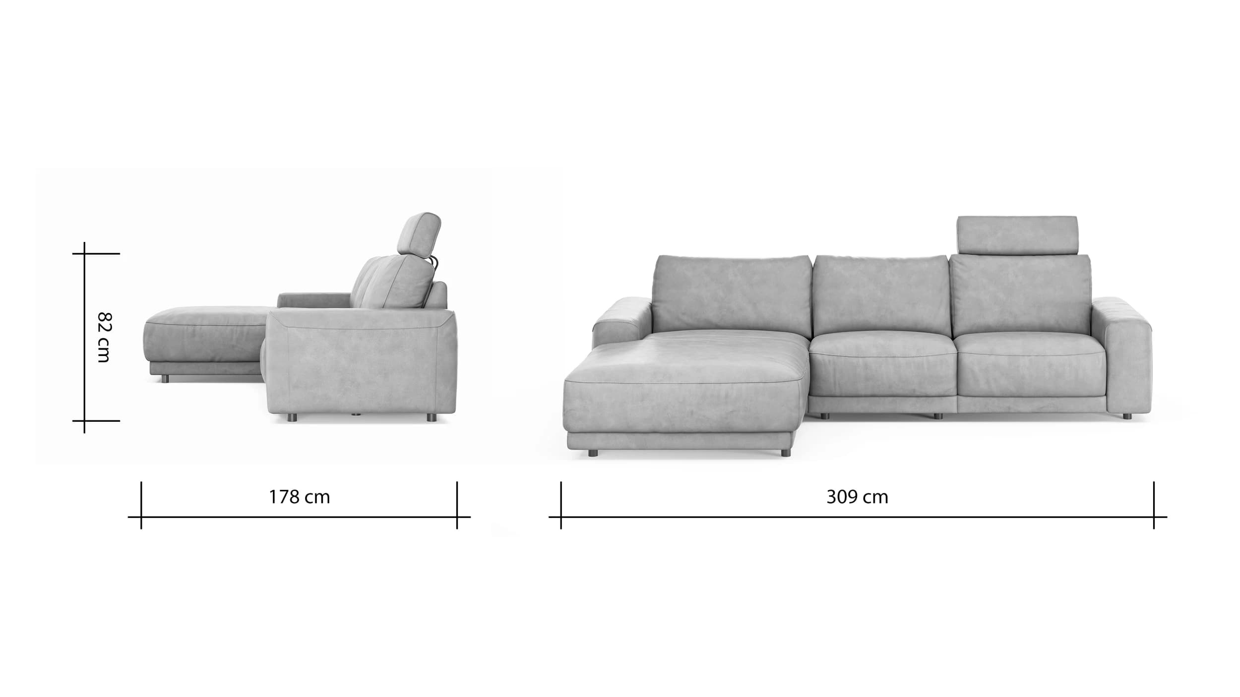 Ecksofa Balok - Longchair groß rechts mit 2,5-Sitzer, inkl. Relaxfunktion (motorisch) und Kopfstütze, Leder, Cognac